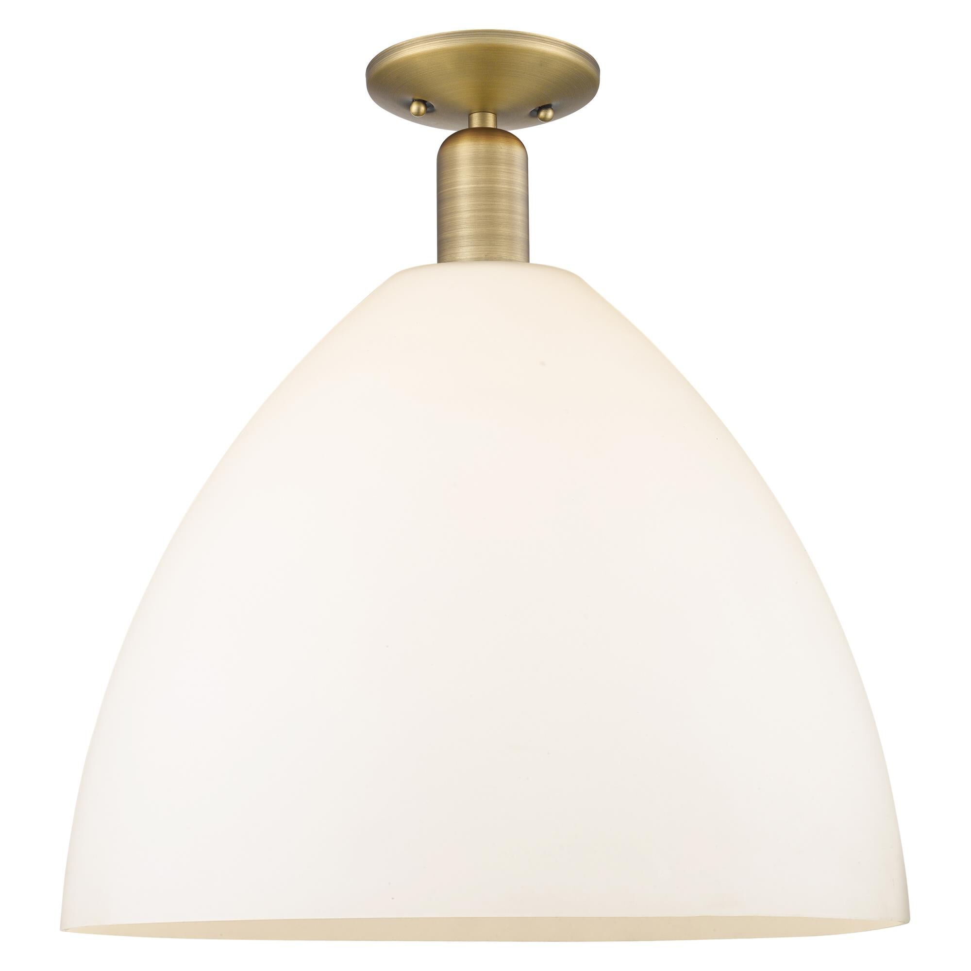 Shown in Brushed Brass finish and Matte White glass