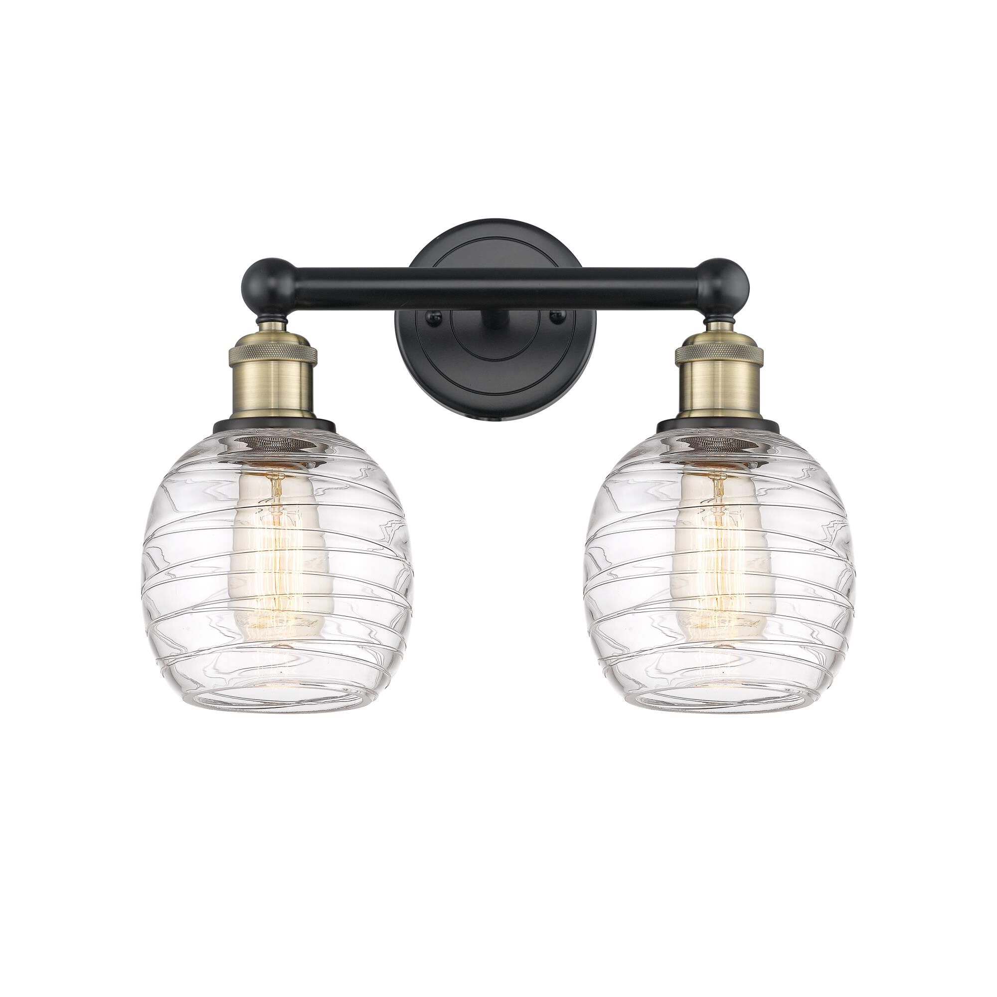 Shown in Black Antique Brass finish and Deco Swirl glass