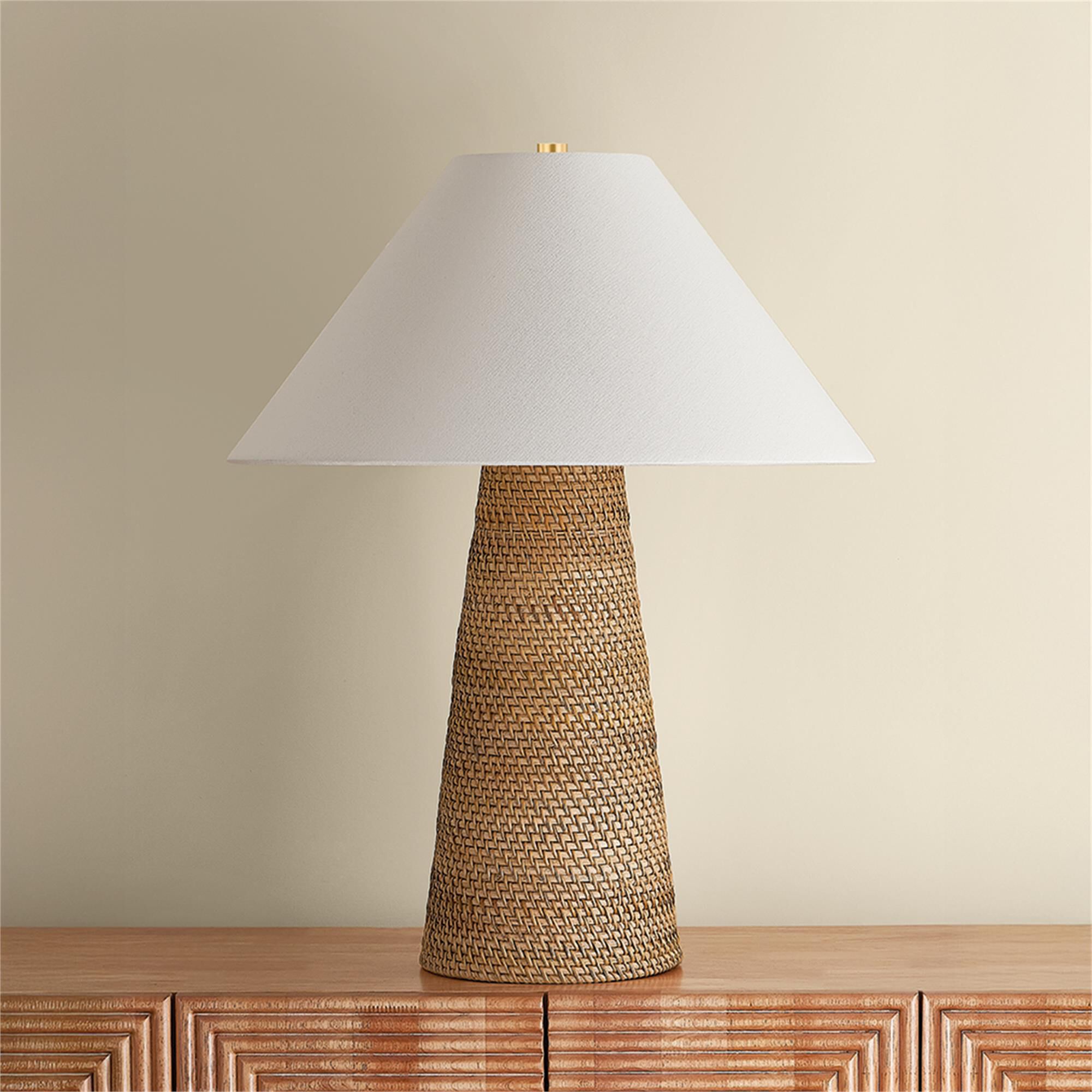 Shown in Aged Brass finish and Rattan Natural Woven shade