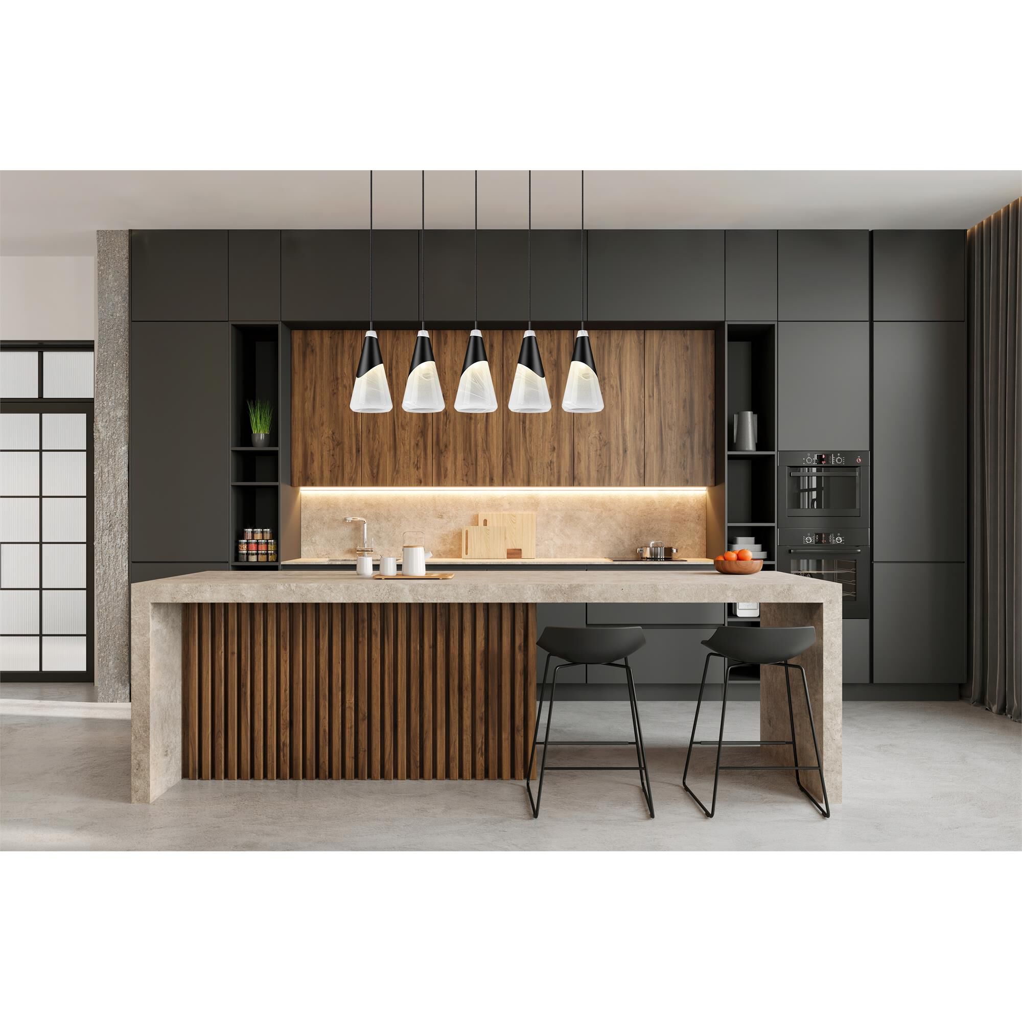 Shown in Matte Black finish and White Swirl glass and White Swirl shade