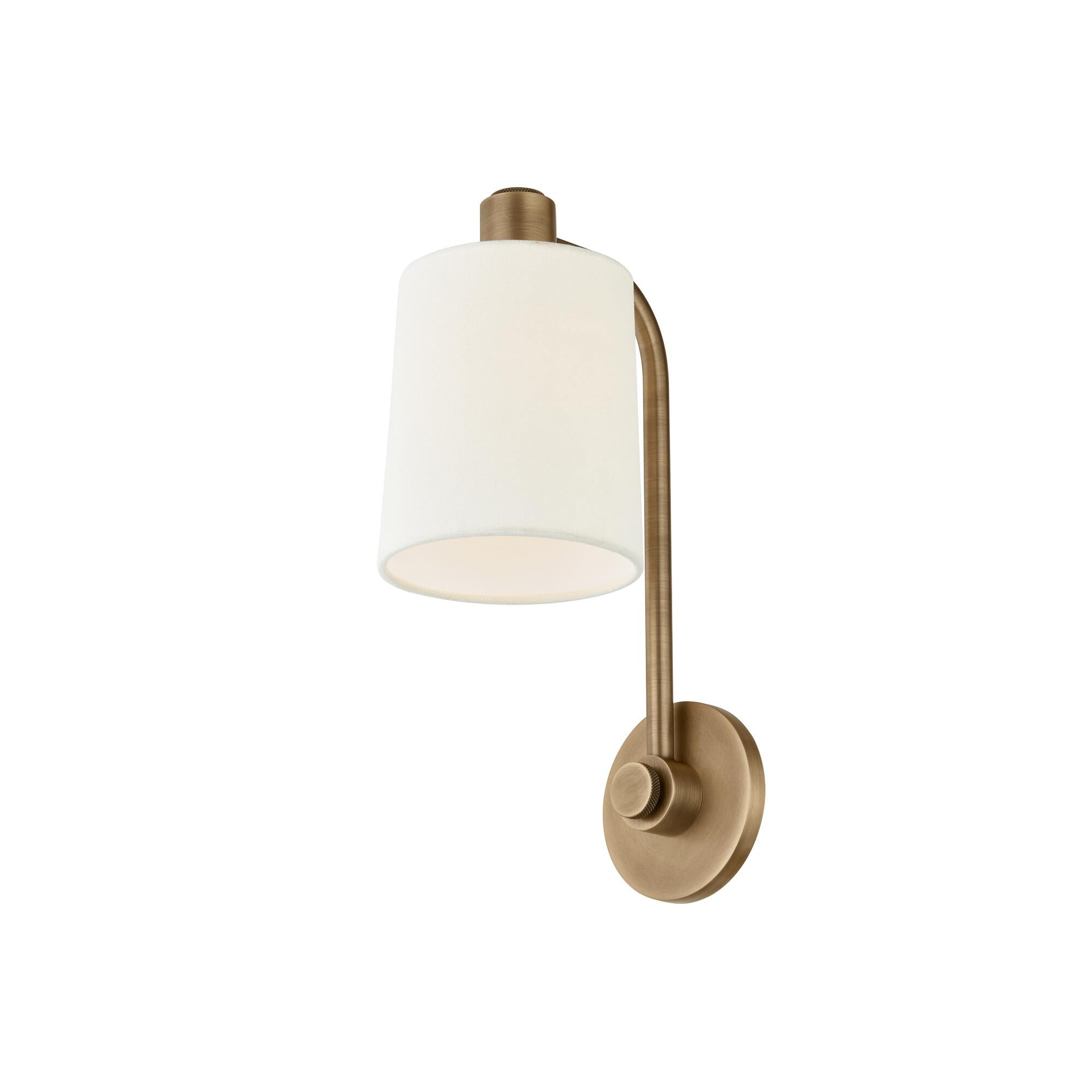 Shown in Patina Brass finish and Off White Linen shade