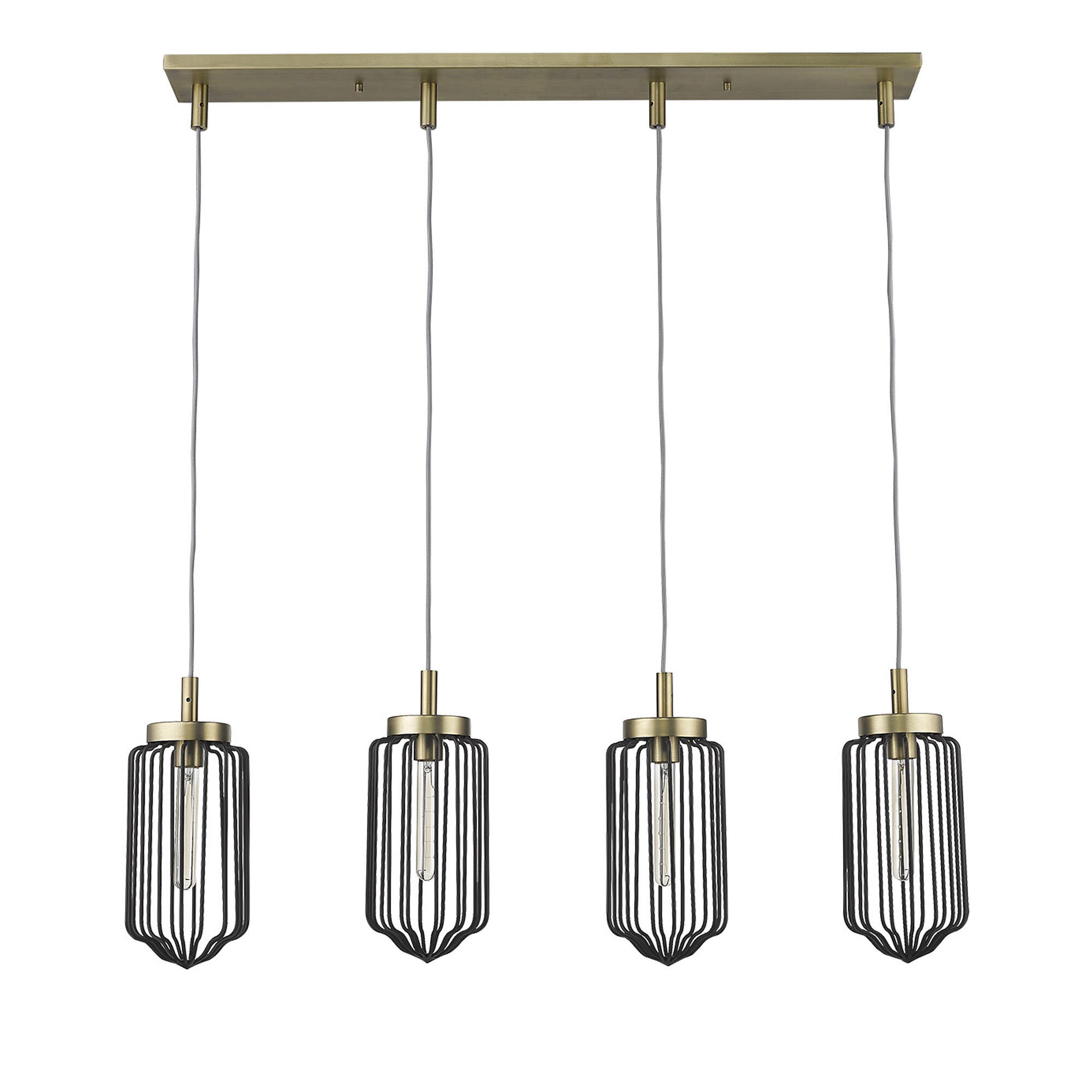 Shown in Aged Brass finish and Black glass and Black, Cylindrical Metal Cage s shade