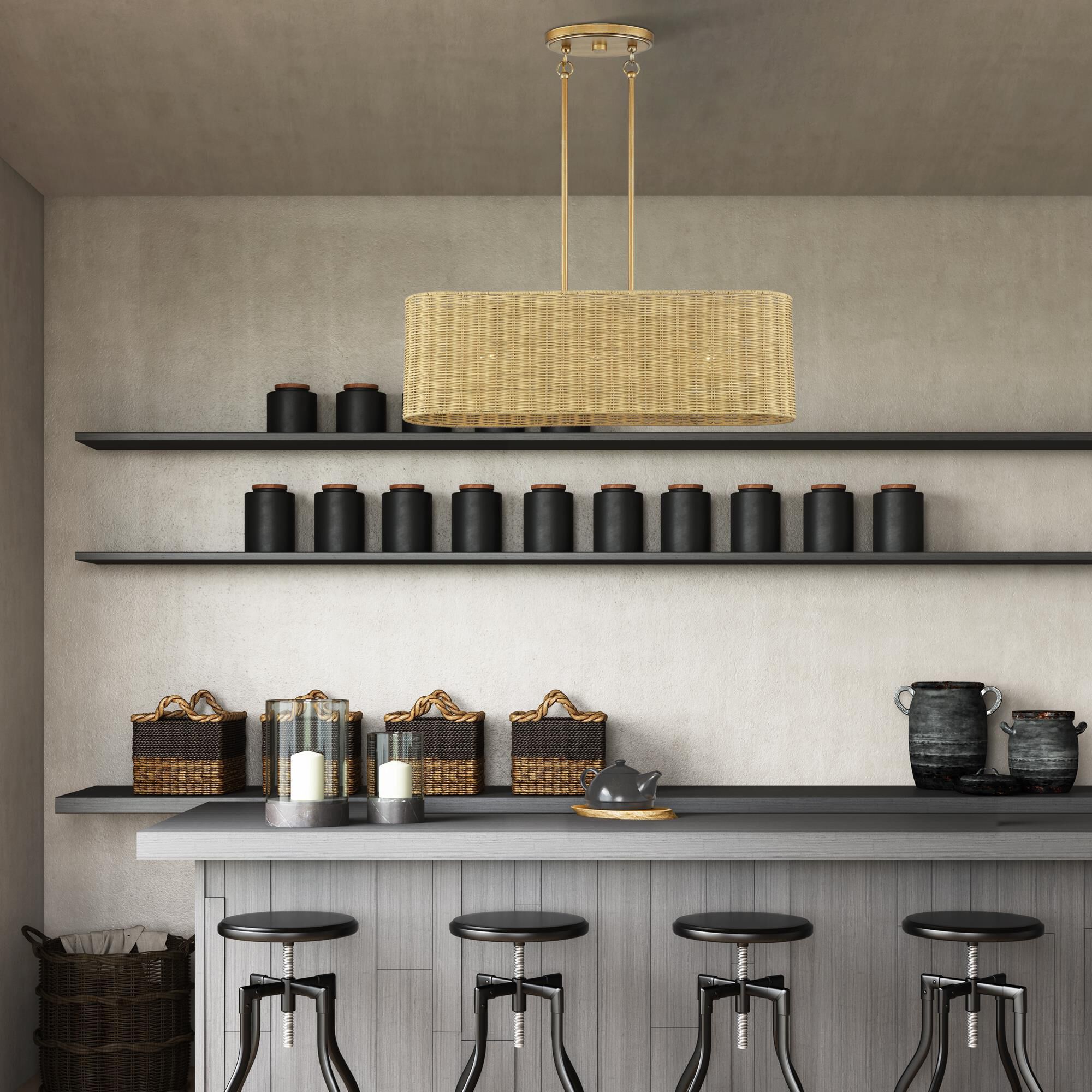 Shown in Antique Gold Leaf finish and Hand-Woven Rustic Walnut Color Rattan shade