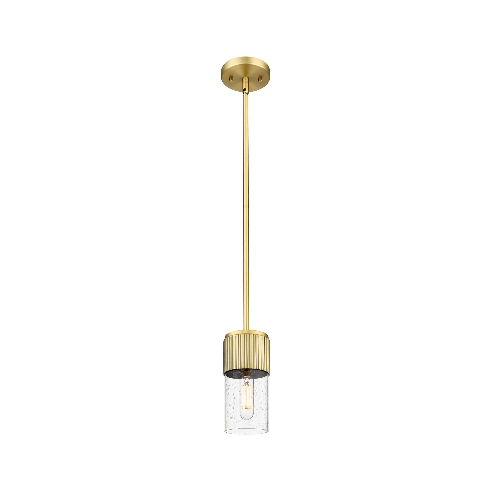 Shown in Brushed Brass finish and Seedy glass