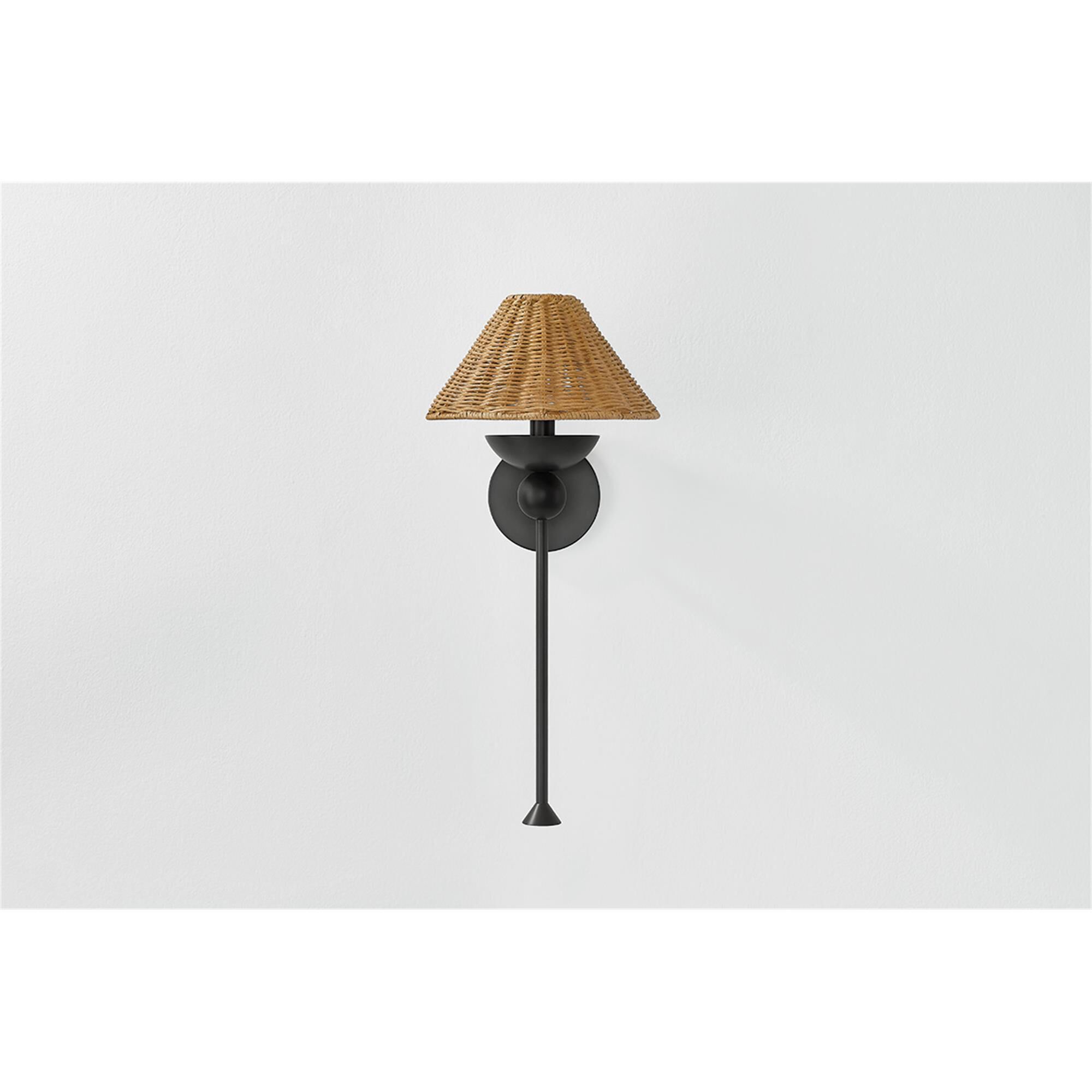 Shown in Old Bronze finish and Vintage Natural Wicker shade