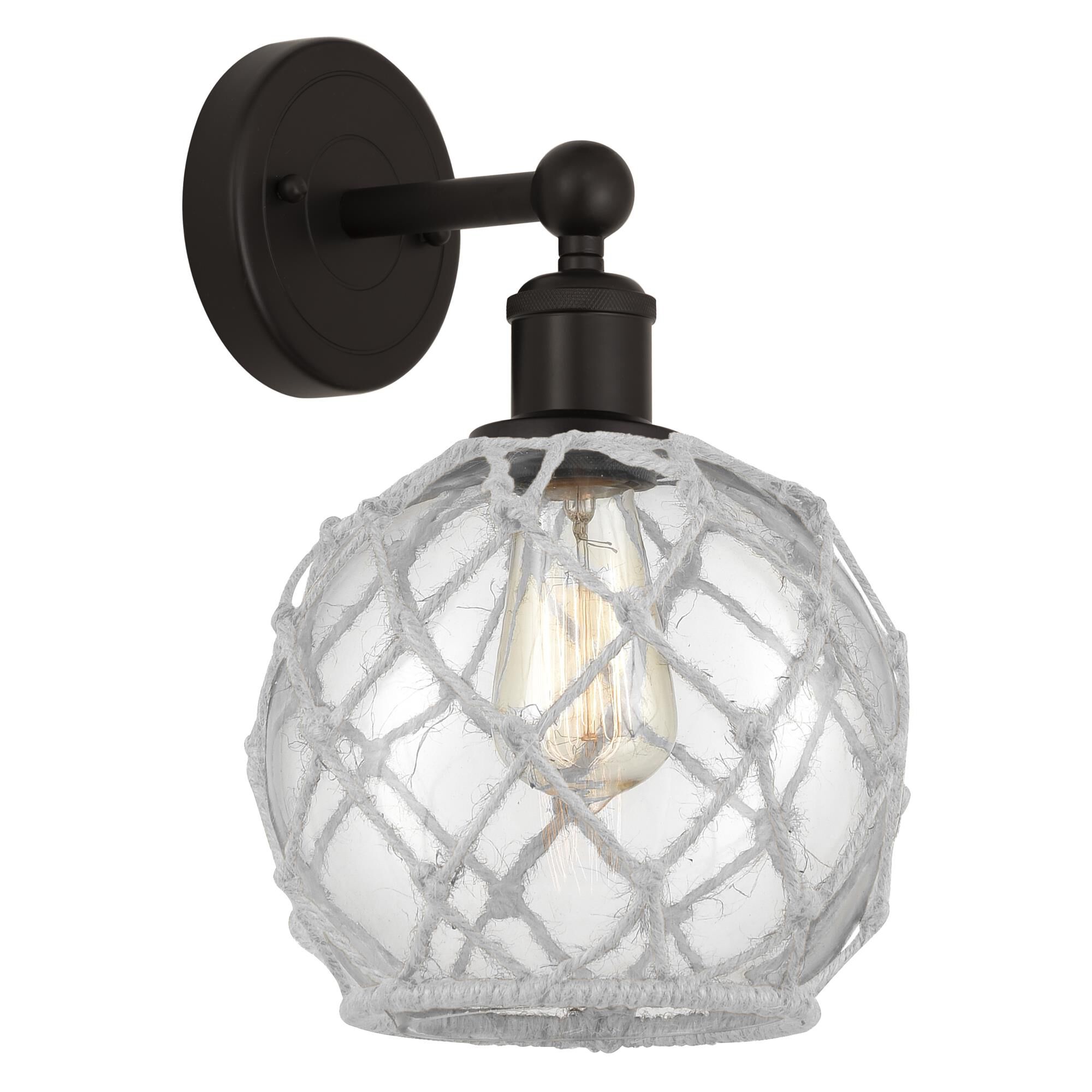 Shown in Oil Rubbed Bronze finish and Clear with White Rope glass
