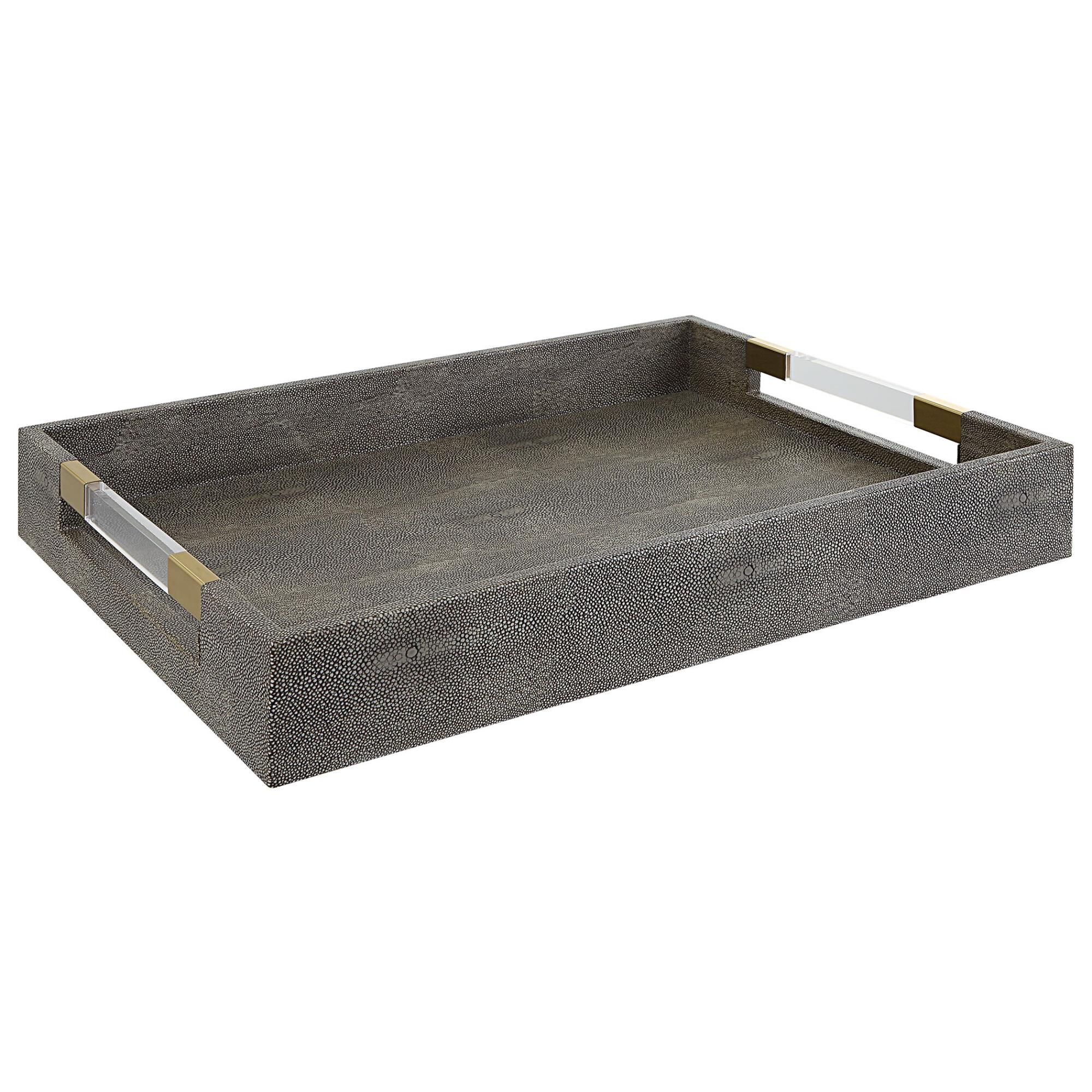 Shown in Tray Is Covered In An Elegant Gray Faux Shagreen With Clear Acrylic Handles And Aged Gold Accents. finish