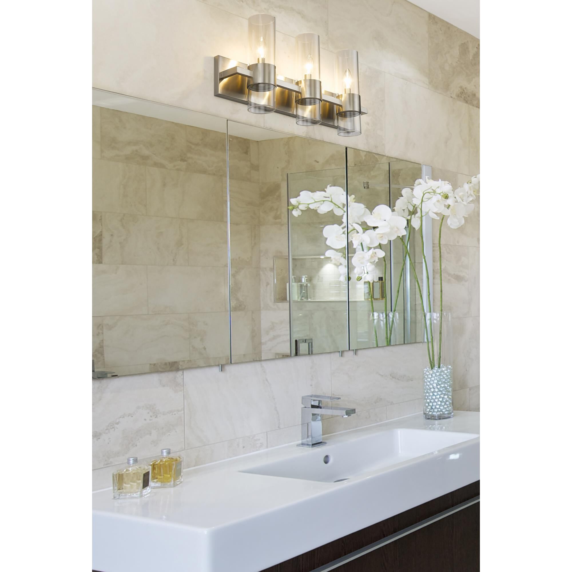 Shown in Brushed Nickel finish and Clear glass and Clear shade