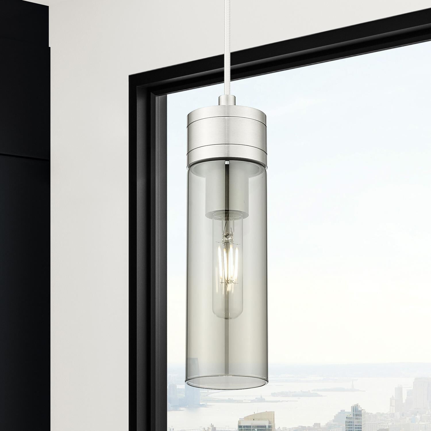 Shown in Satin Nickel finish and Light Smoke glass