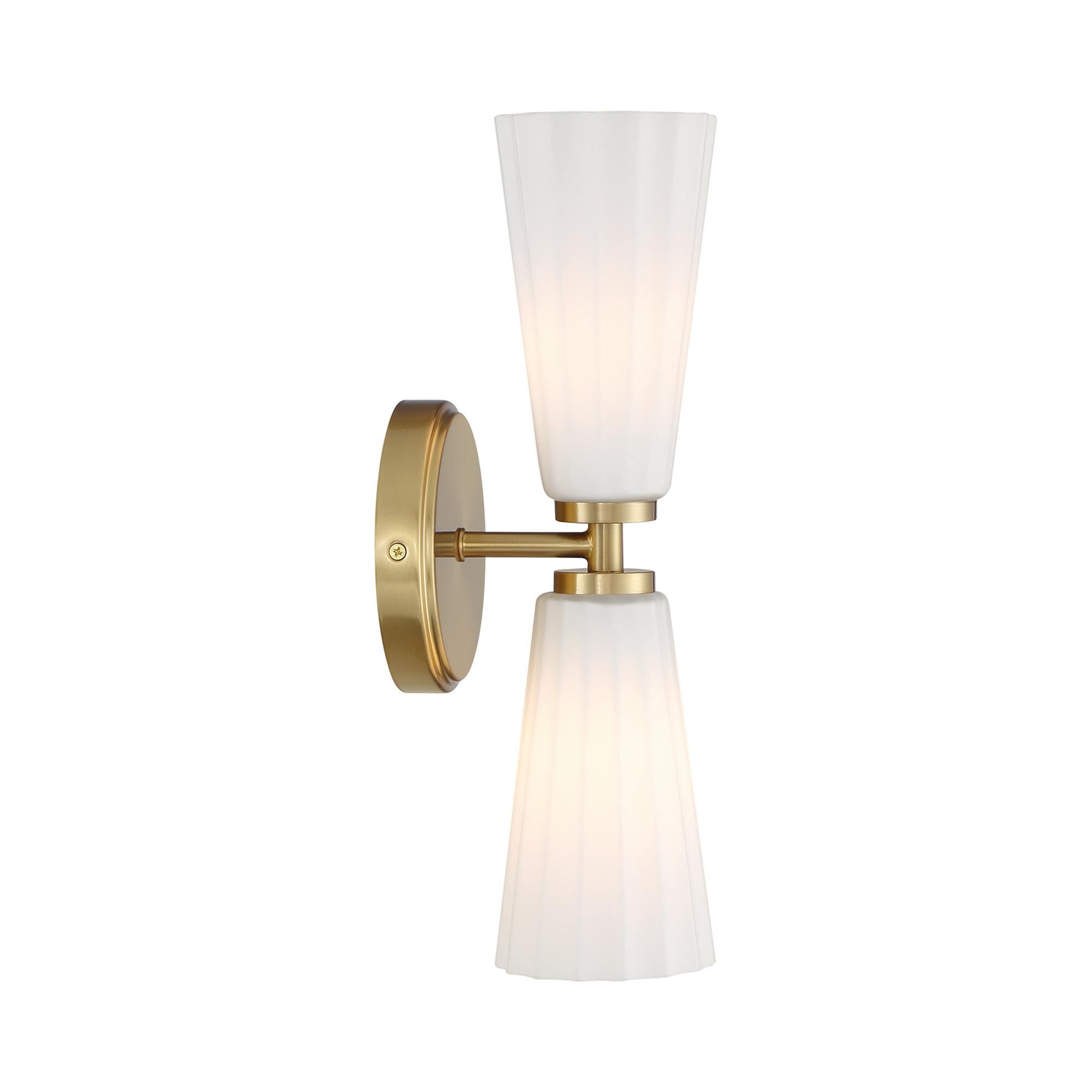 Shown in Natural Brass finish and White Fluted glass
