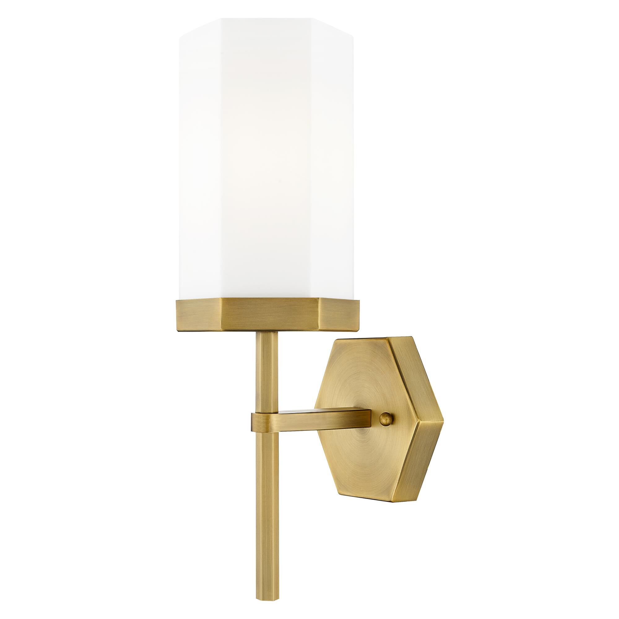 Shown in Brushed Brass finish and Matte White glass