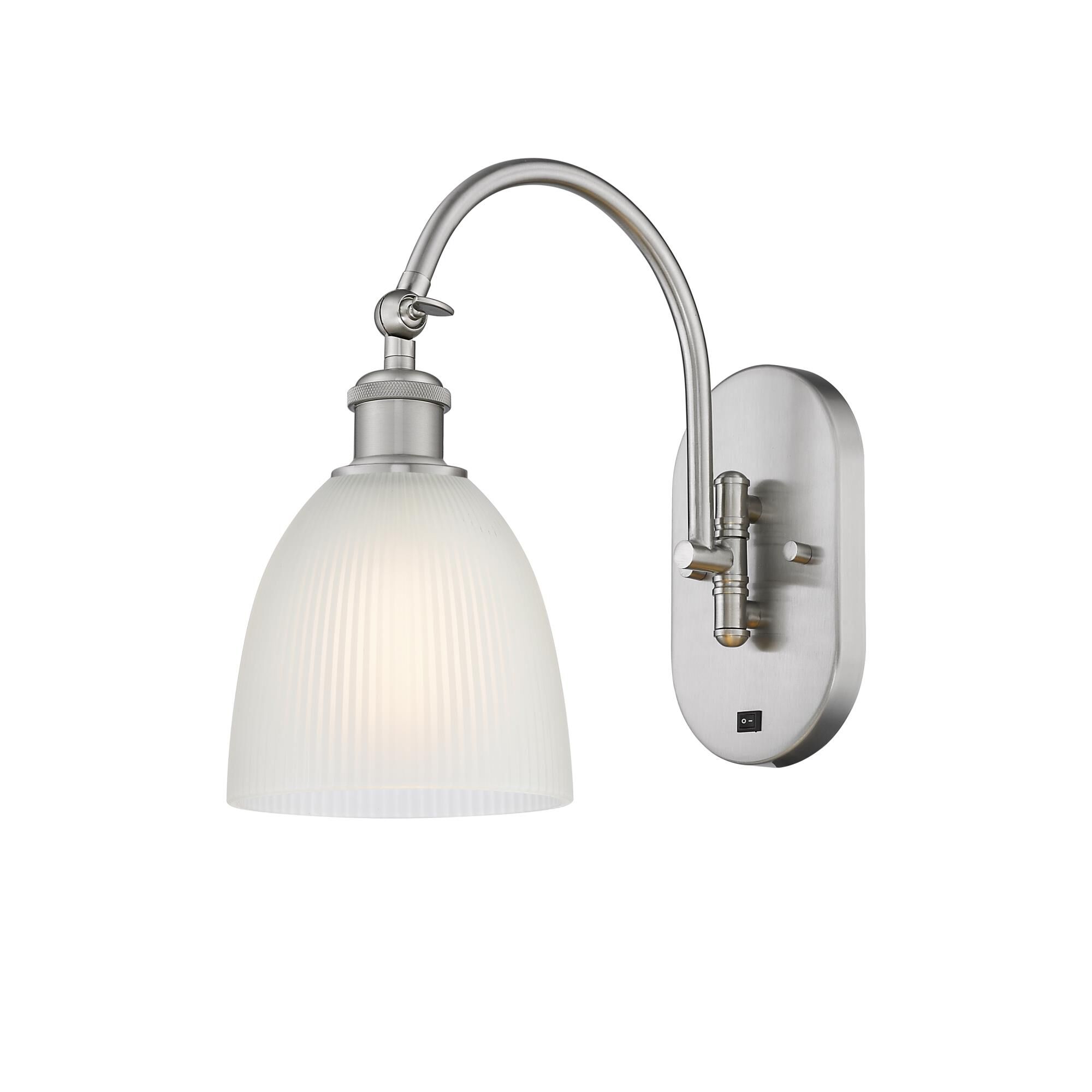 Shown in Brushed Satin Nickel finish and White glass