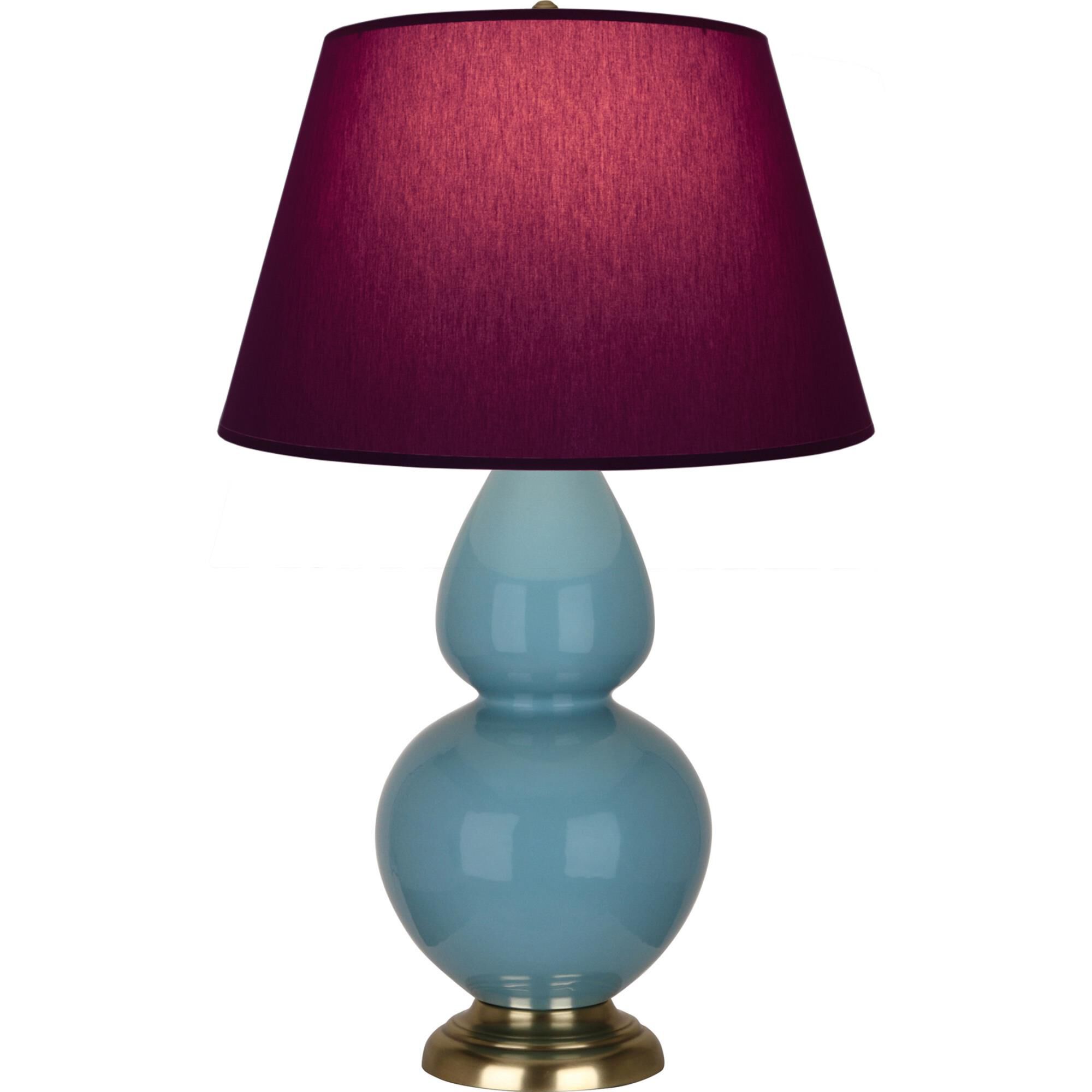 Shown in Steel Blue finish and Plum and Lavender shade and Antique Brass accent