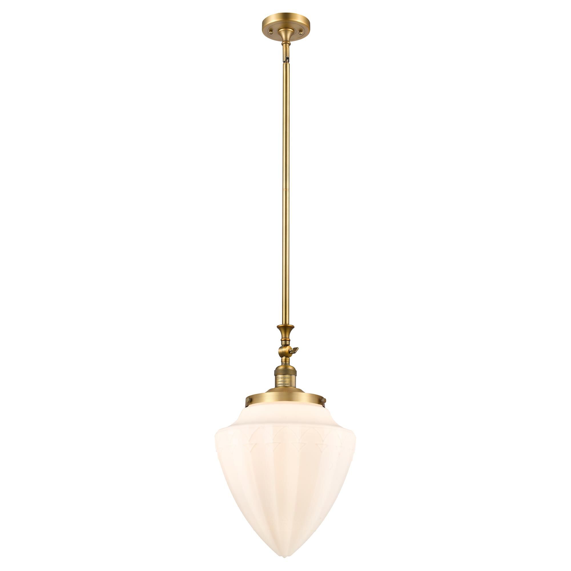 Shown in Brushed Brass finish and Matte White glass