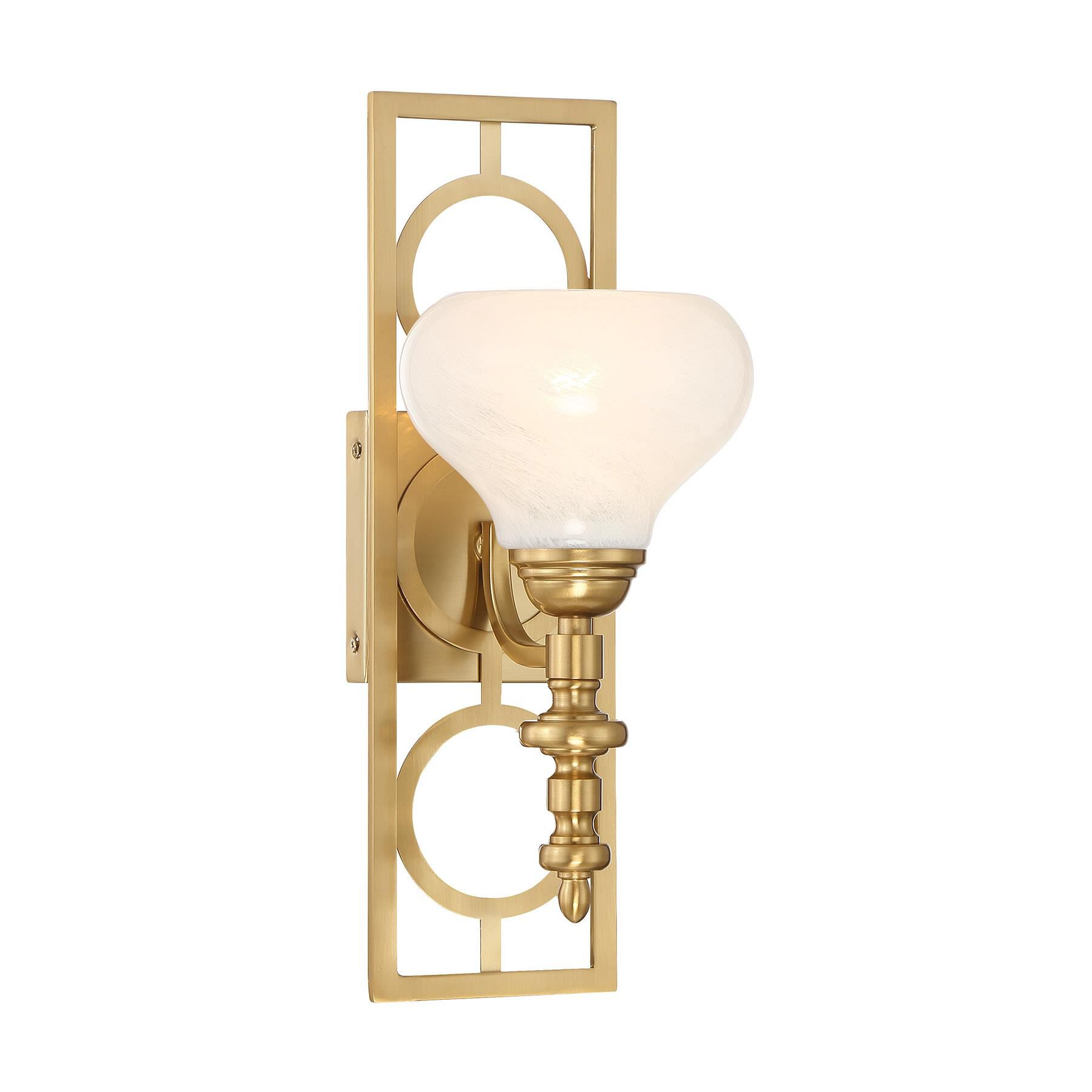 Shown in Warm Brass finish and White Strie glass