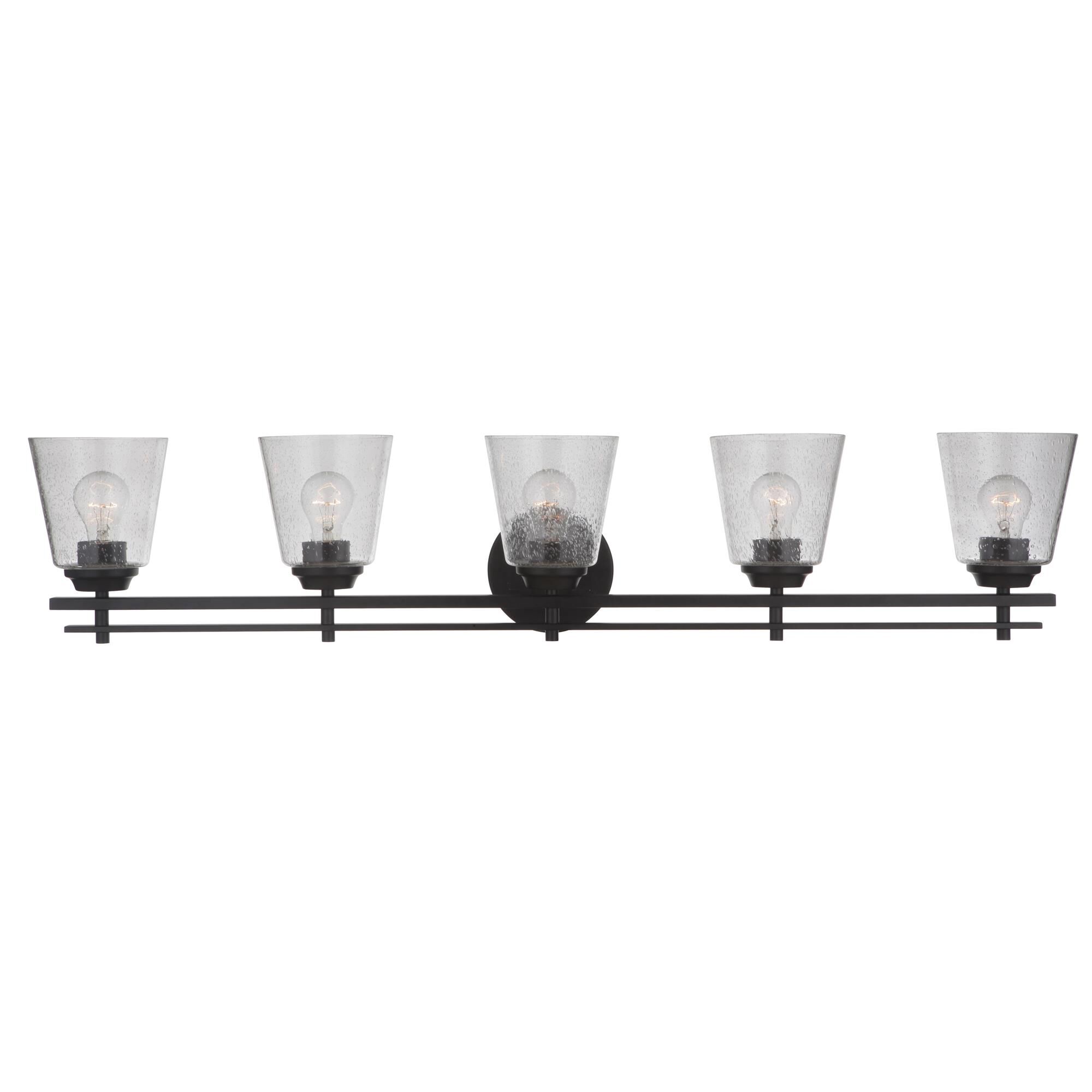 Shown in Flat Black finish and Clear Seeded glass and Glass shade