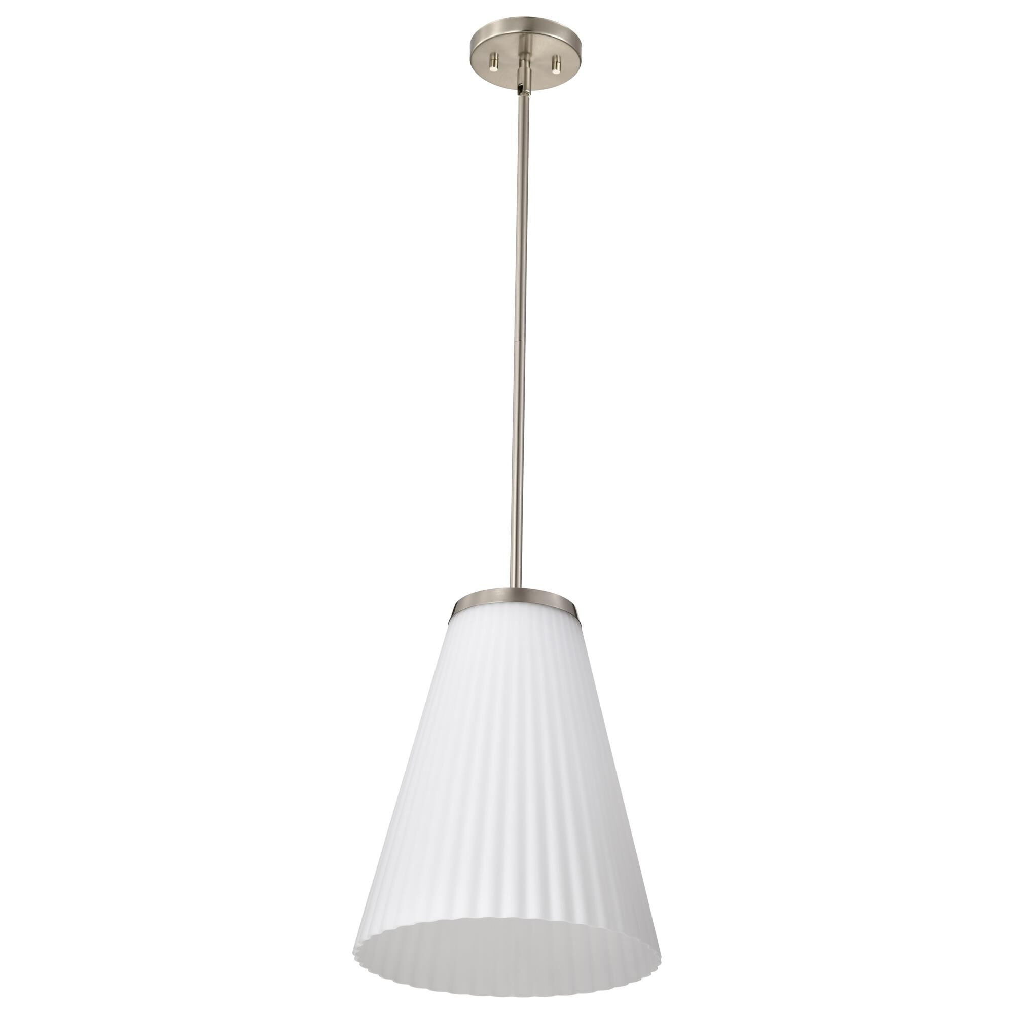 Shown in Brushed Nickel finish and Ribbed White glass