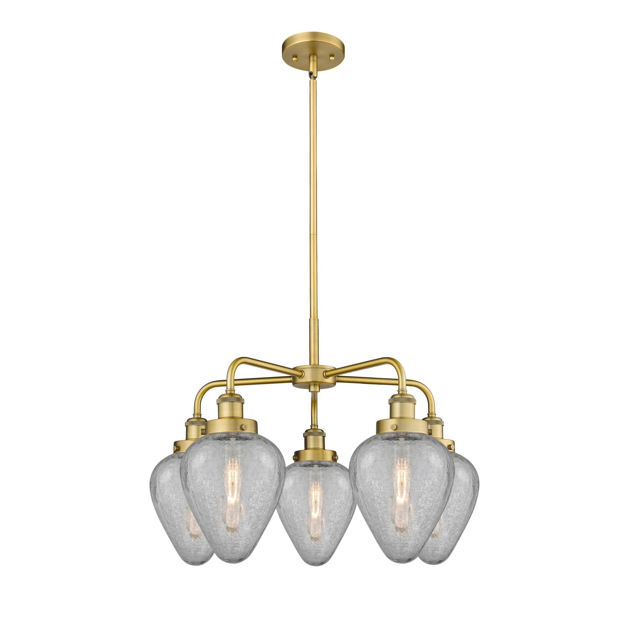 Shown in Brushed Brass finish and Clear Crackled glass