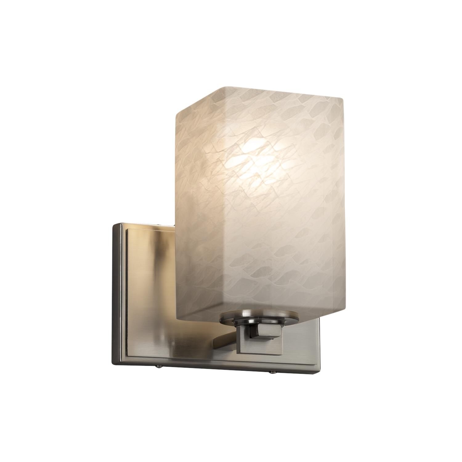 Shown in Brushed Nickel finish and Artisan glass and Weave shade and Square with Flat Rim accent