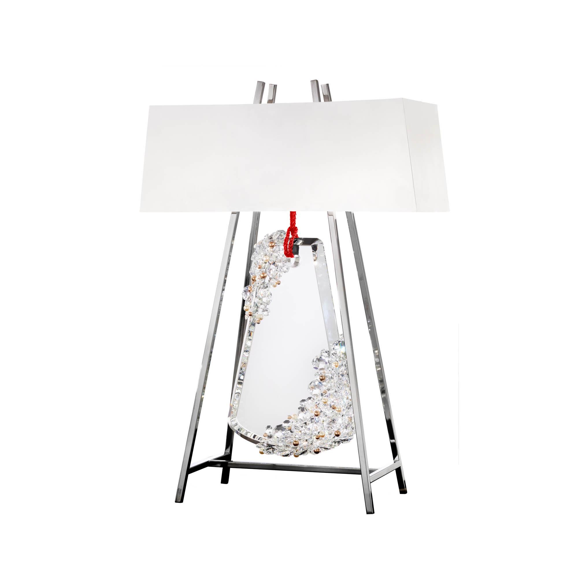 Shown in Polished Chrome With Red Rope finish and Radiance crystal and Fabric glass