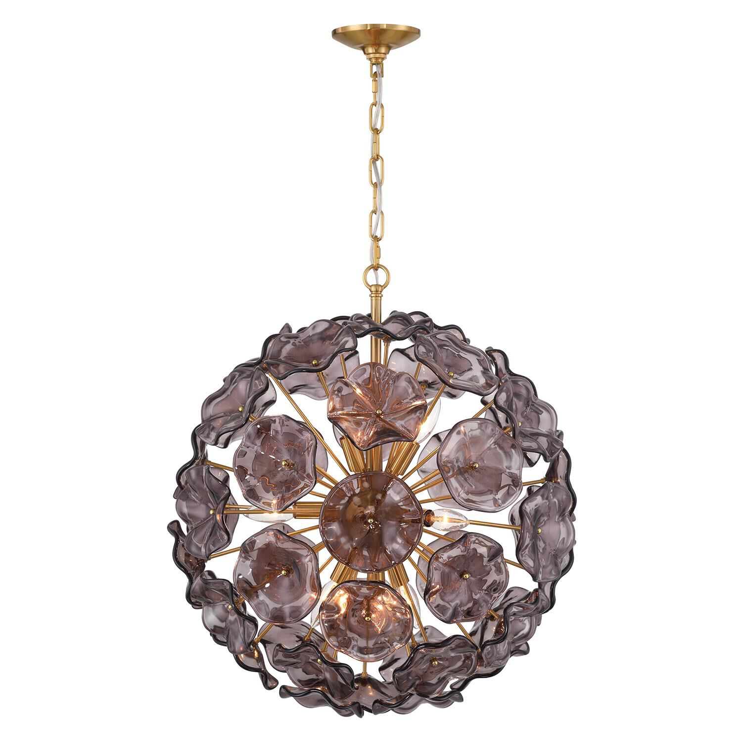 Shown in Aged Brass finish and Floral Petals Smoked glass