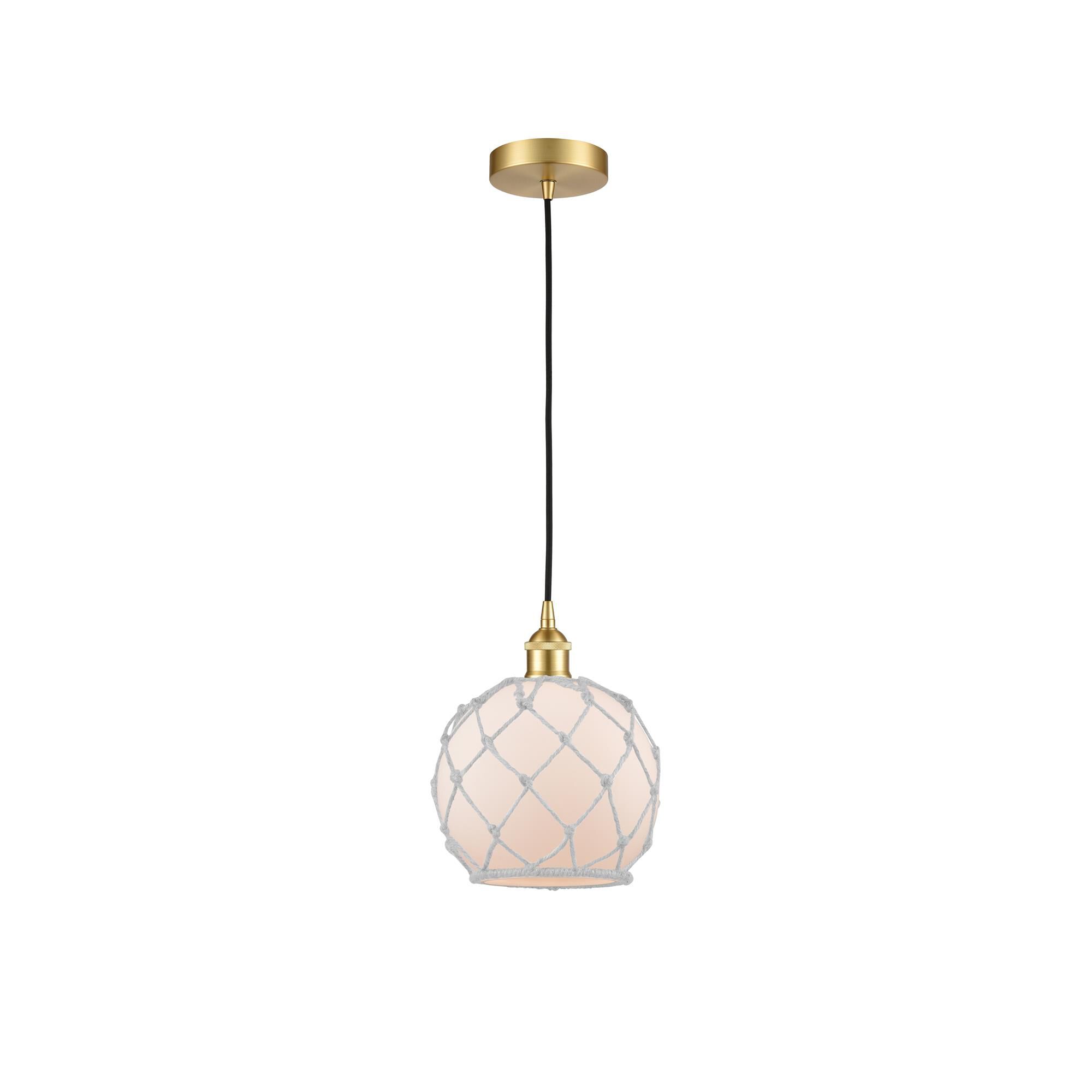 Shown in Satin Gold finish and White Farmhouse With White Rope glass