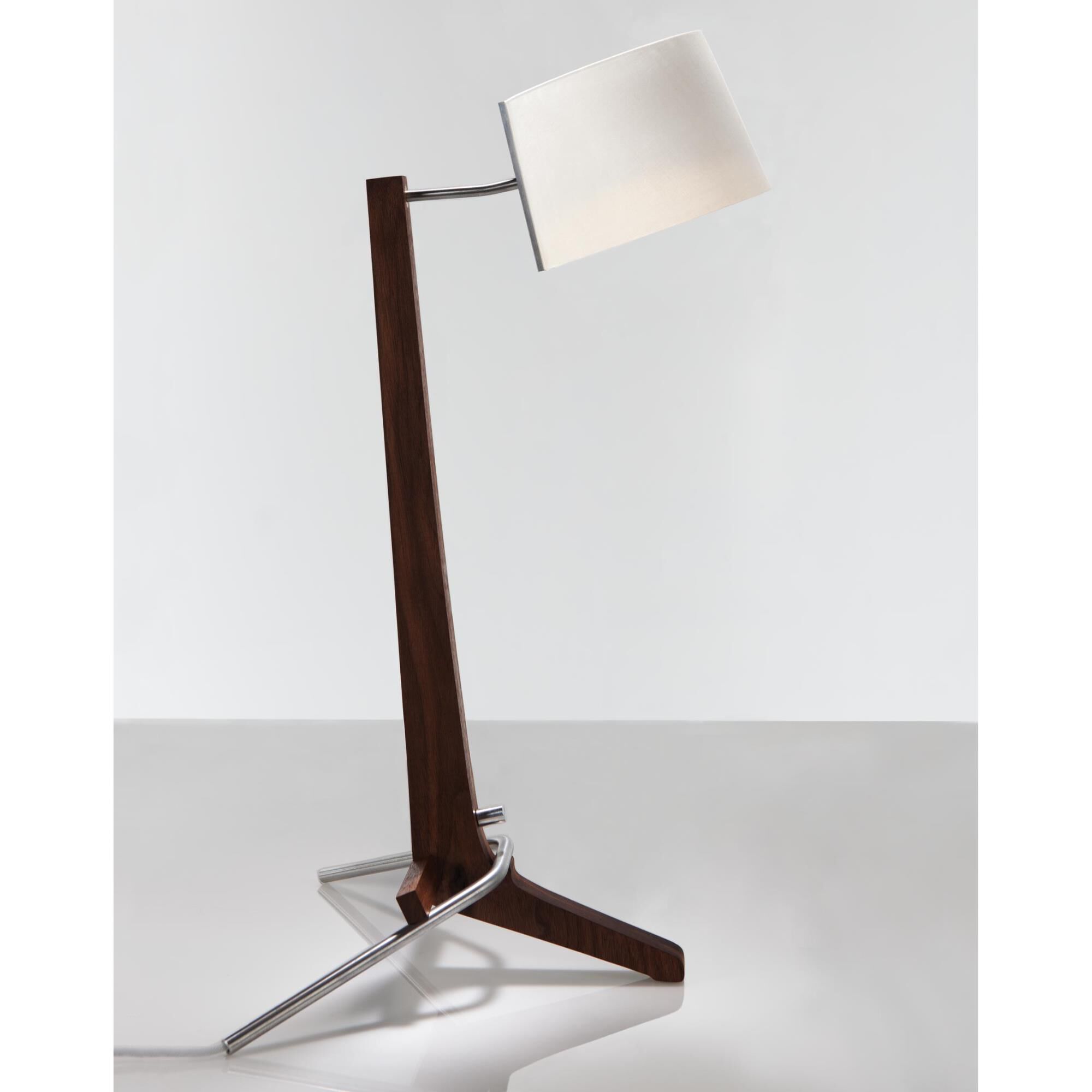 Shown in Dark Stained Walnut finish and White Linen shade