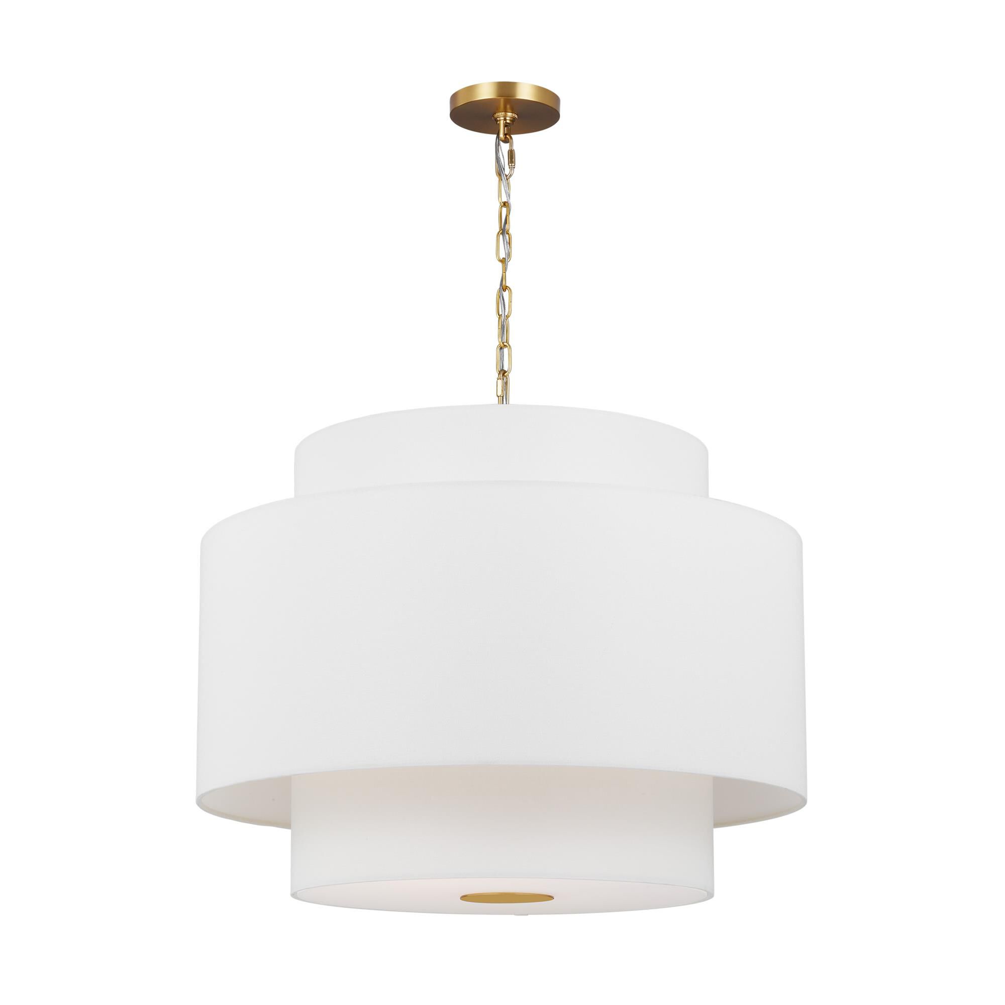 Shown in Burnished Brass finish and White Linen Fabric shade