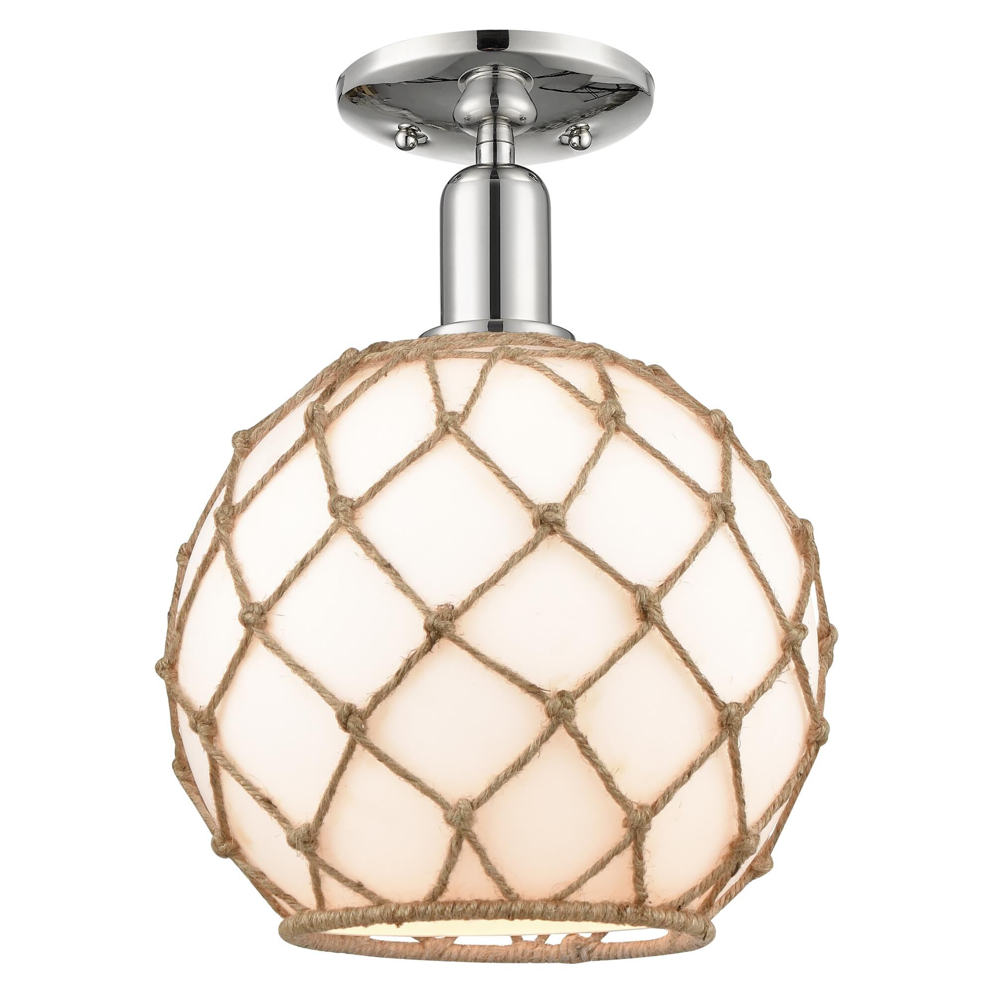 Shown in Polished Nickel finish and White with Brown Rope glass