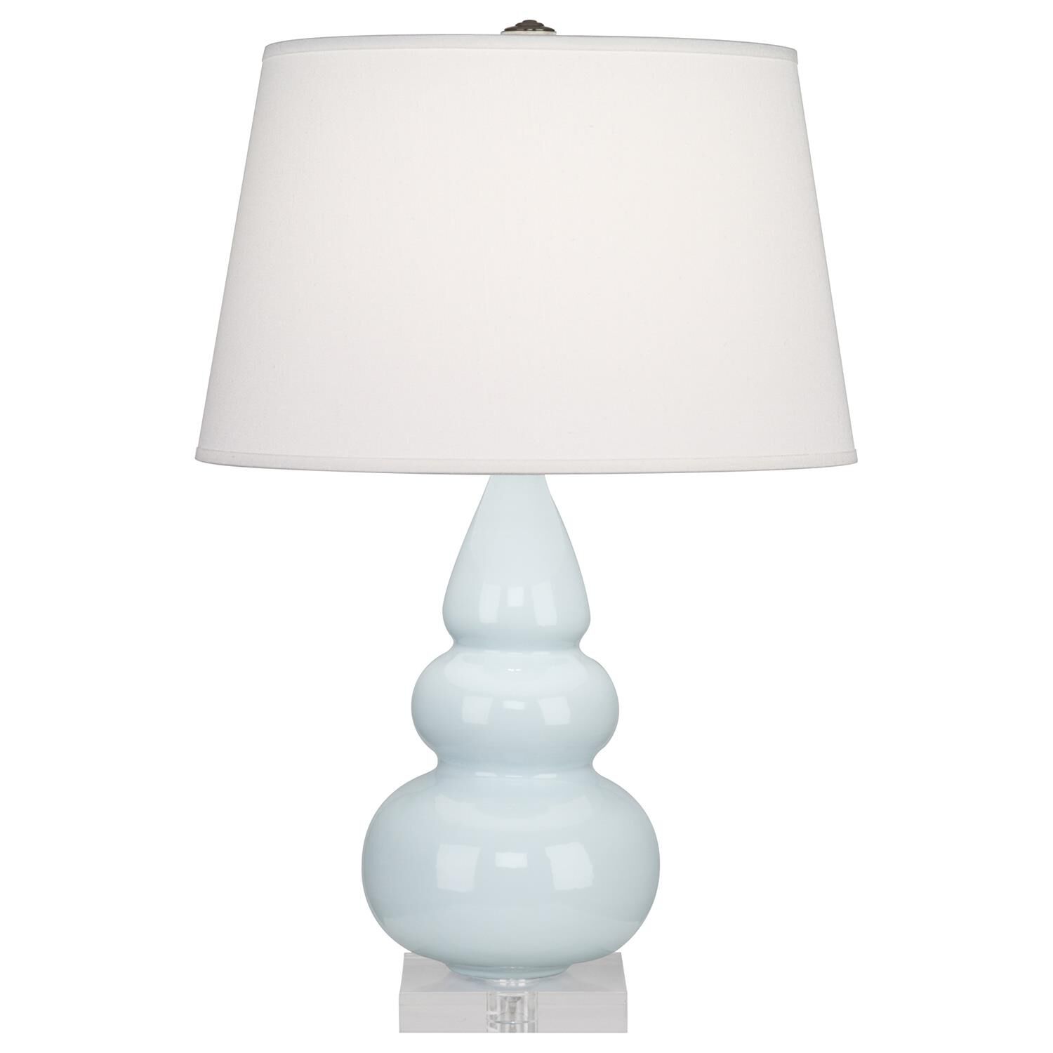 Shown in Baby Blue Glazed Ceramic With Lucite Base finish and Pearl Dupioni Fabric shade