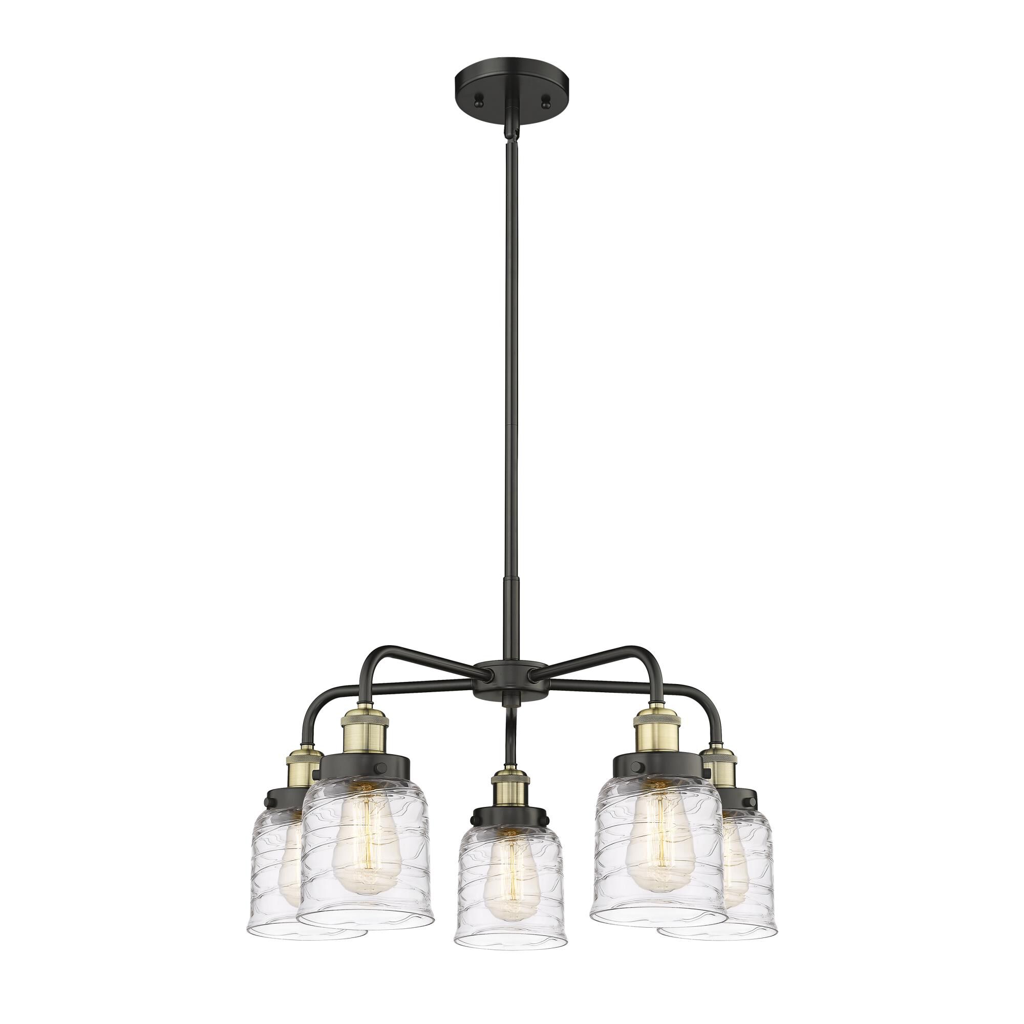 Shown in Black Antique Brass finish and Clear Deco Swirl glass