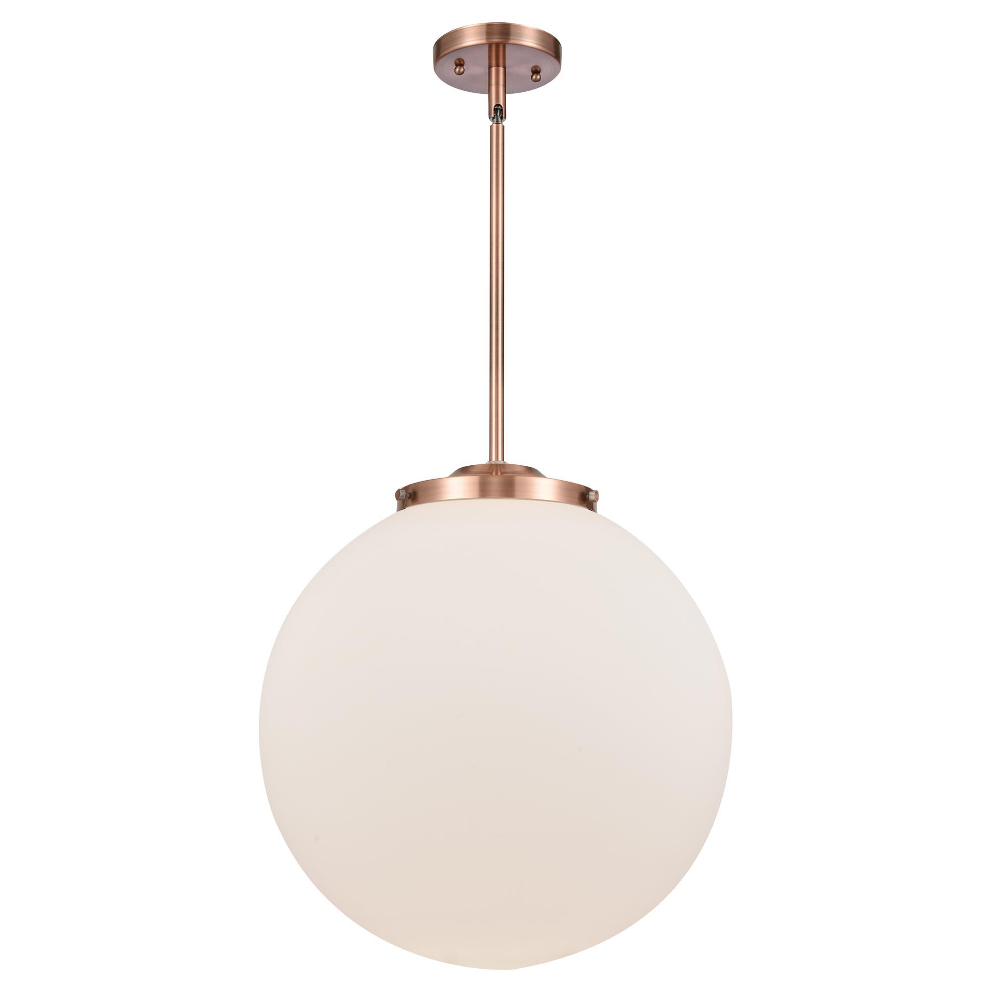 Shown in Antique Copper finish and Matte White Cased Beacon glass