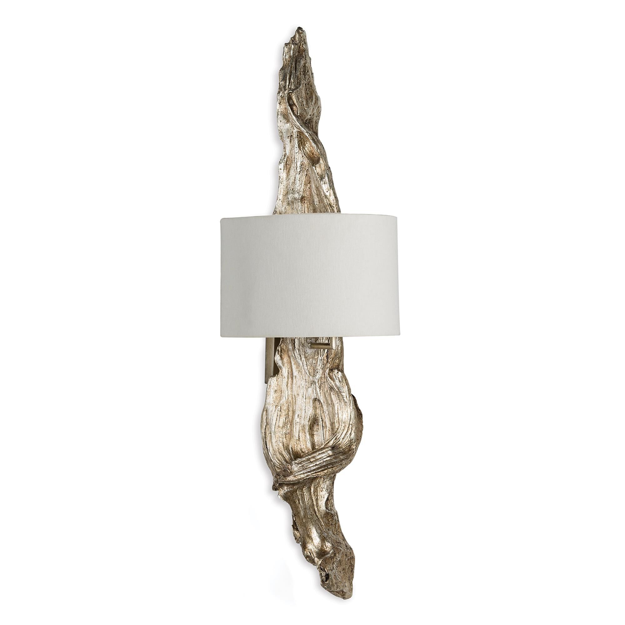 Shown in Ambered Silver Leaf finish and Linen shade