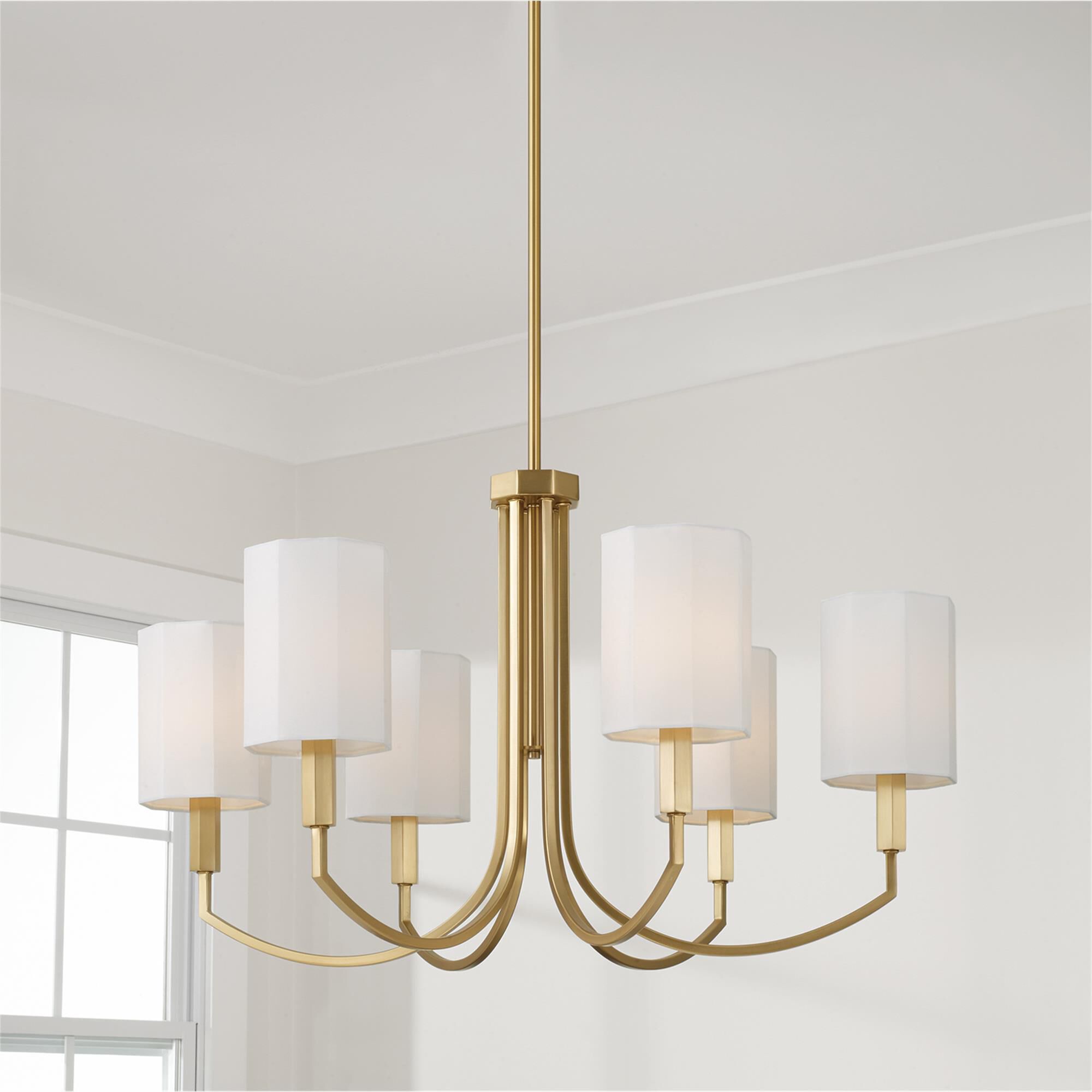 Shown in Aged Brass finish and White Fabric Octagonal s shade