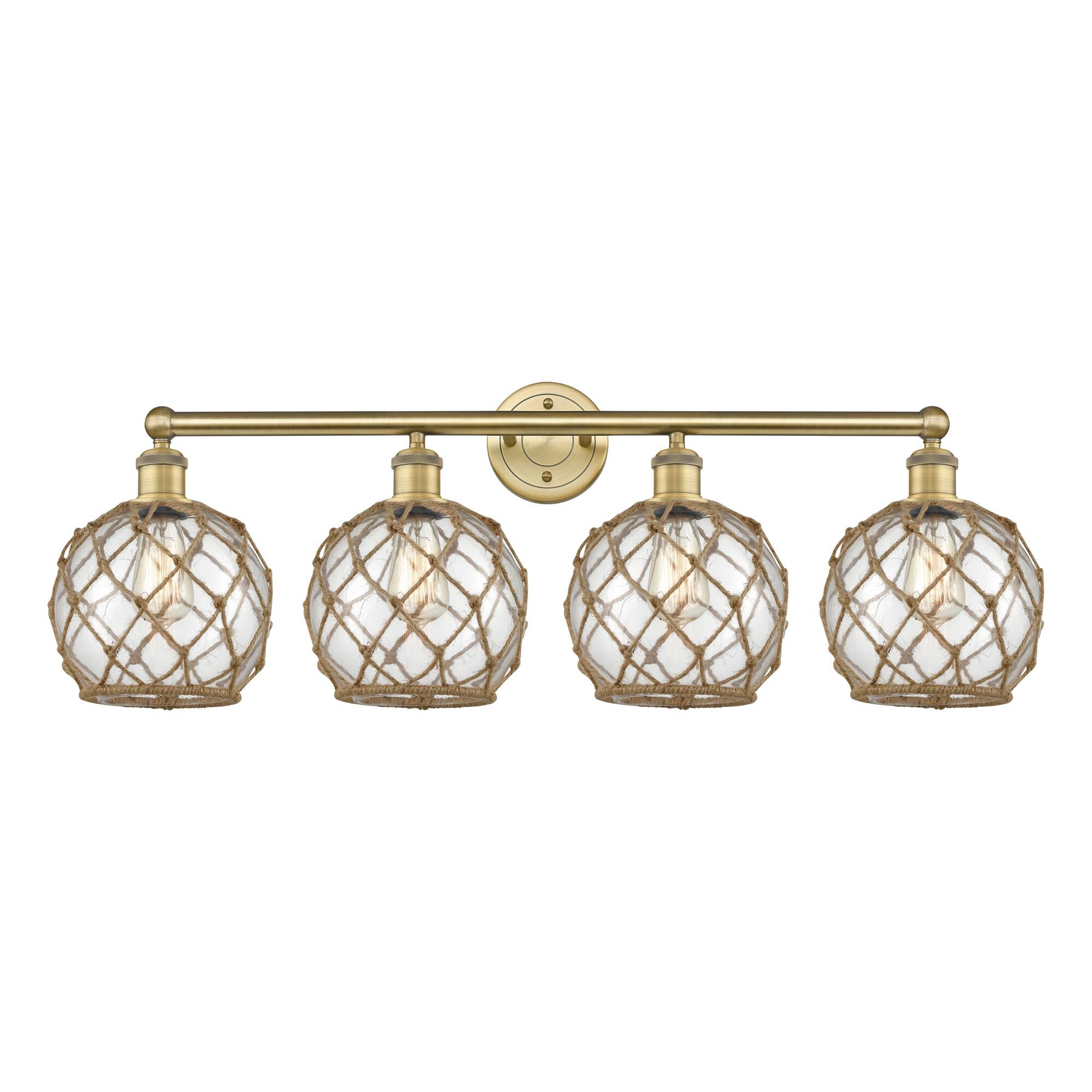 Shown in Brushed Brass finish and Clear with Brown Rope glass