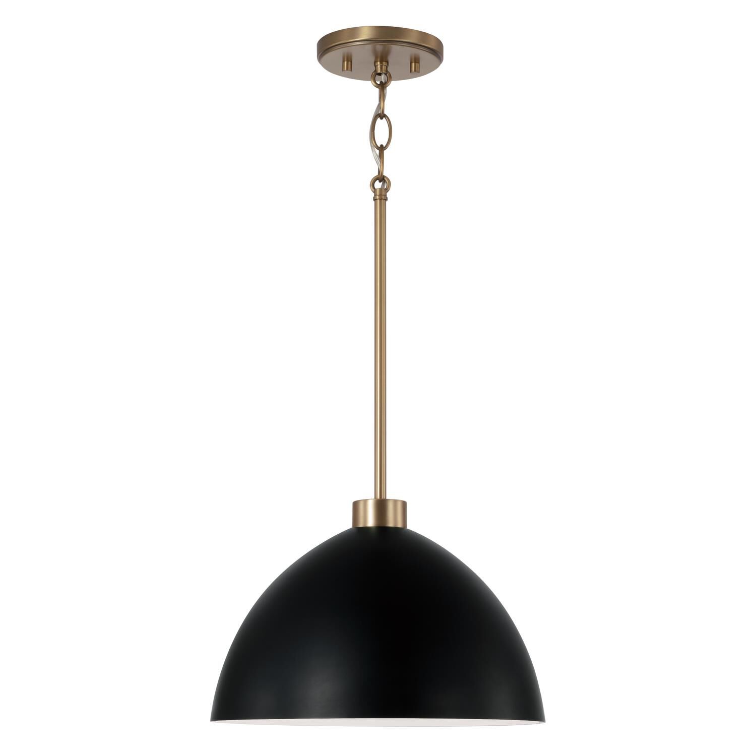 Shown in Aged Brass And Black finish and Matte Black Metal  With White Interior shade