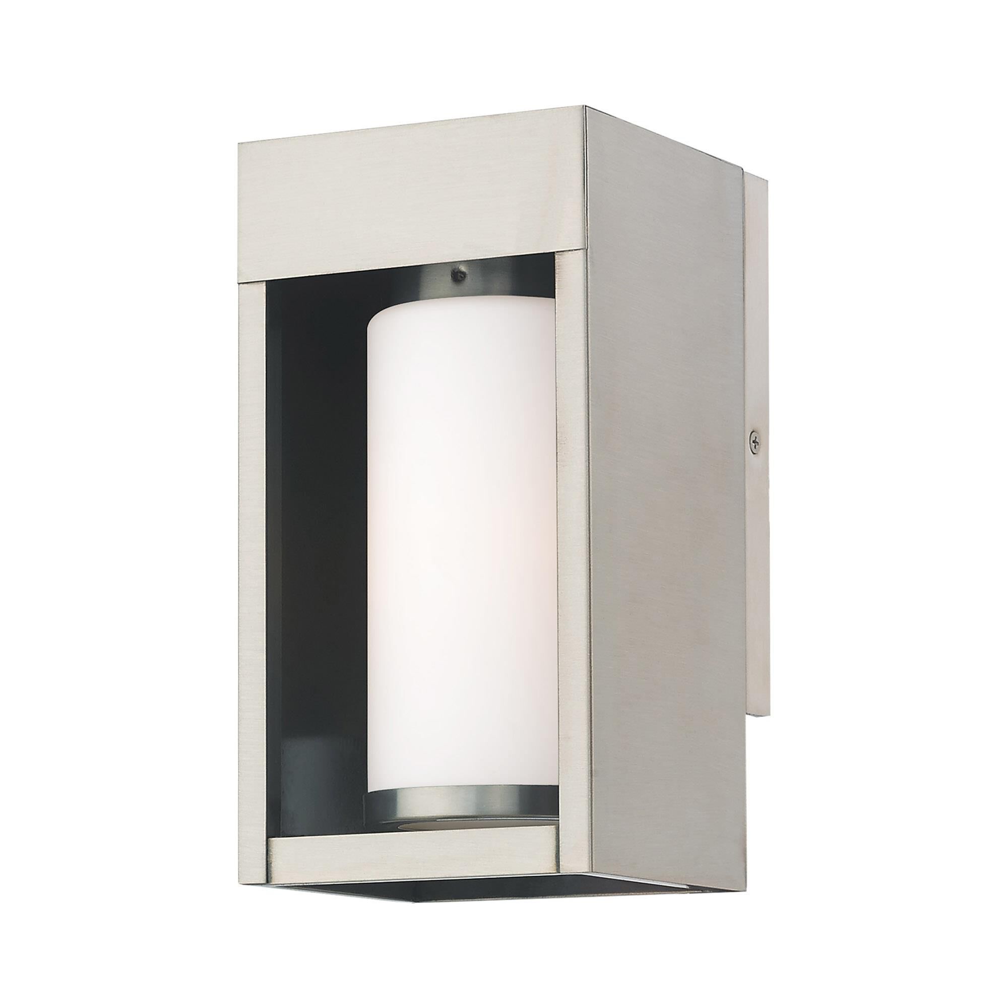 Shown in Brushed Nickel finish and Hand Blown Satin Opal White Cylinder glass