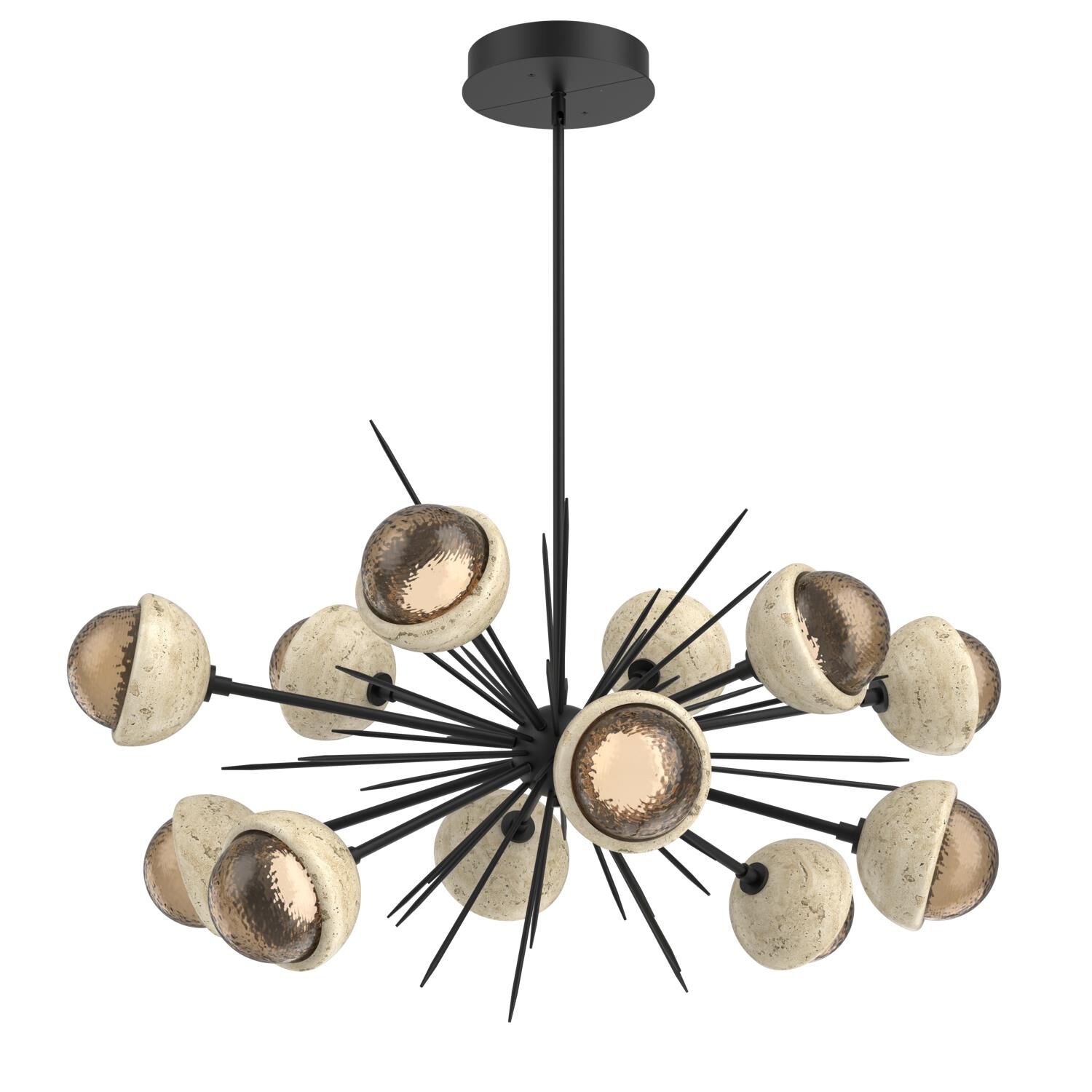Shown in Matte Black finish and Bronze glass and Travertine Stone accent