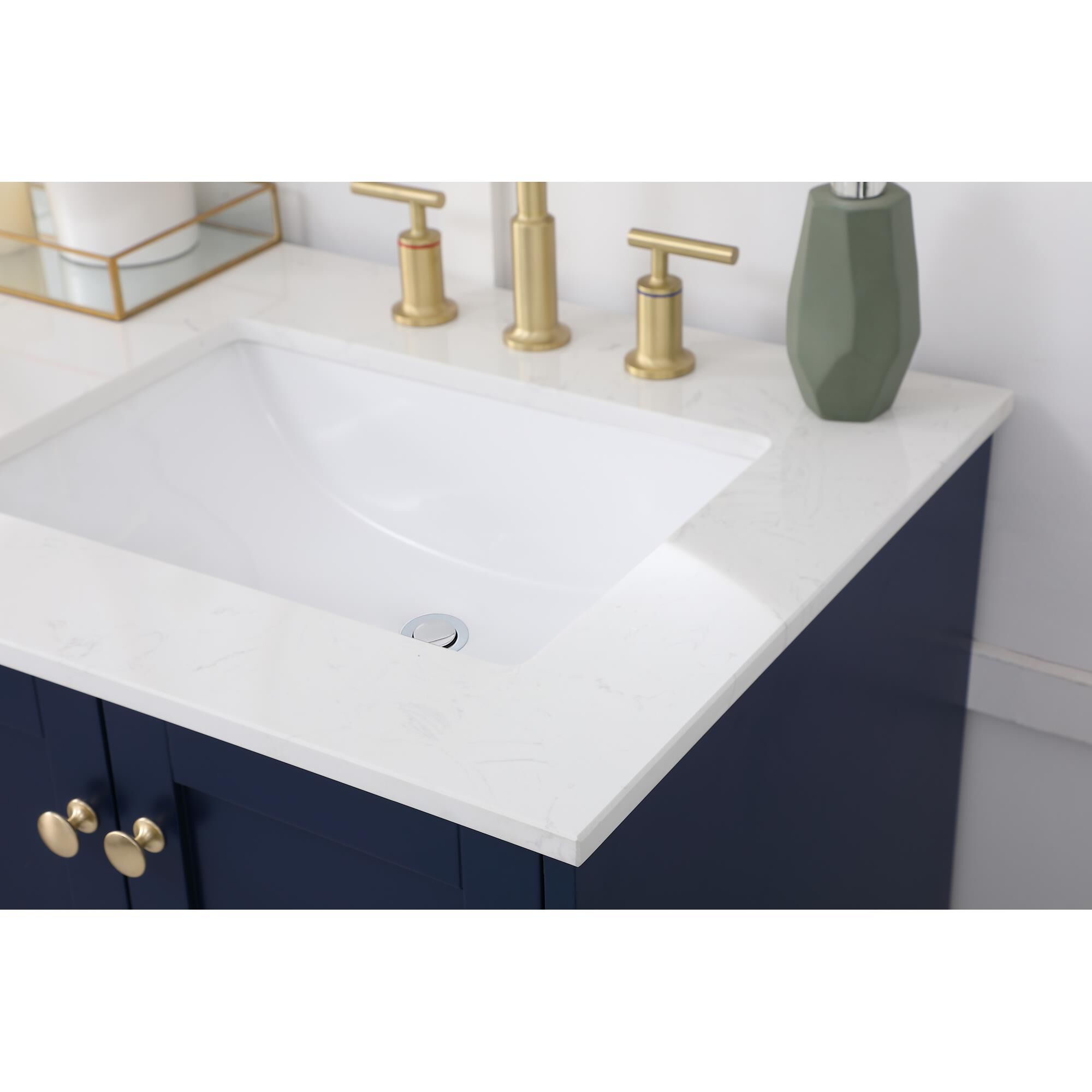 Shown in Blue And Gold With Calacatta Quartz finish