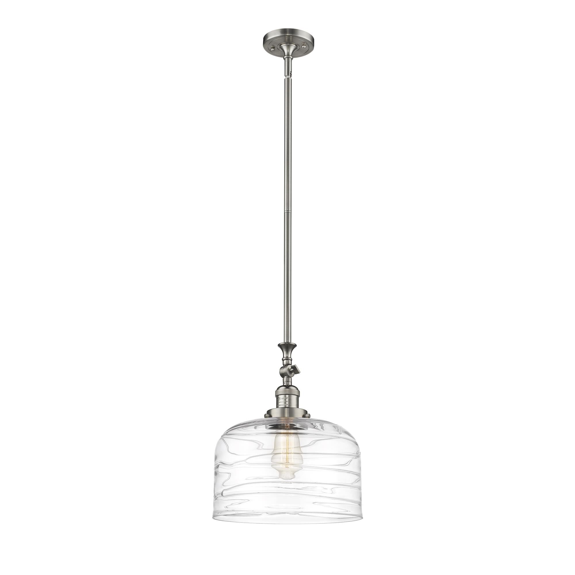 Shown in Brushed Satin Nickel finish and Clear Deco Swirl X-Large Bell glass