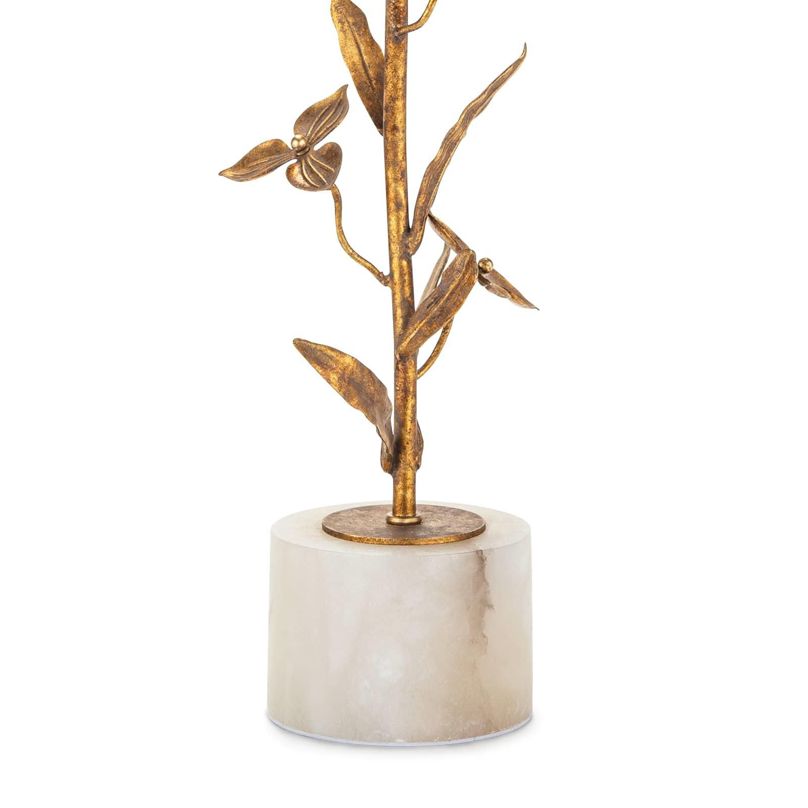 Shown in Brass finish and Linen shade