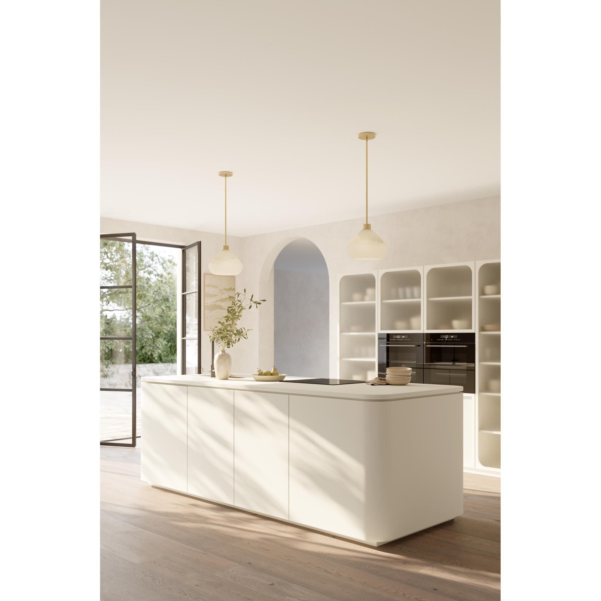 Shown in Legacy Brass finish and Green Ombre glass