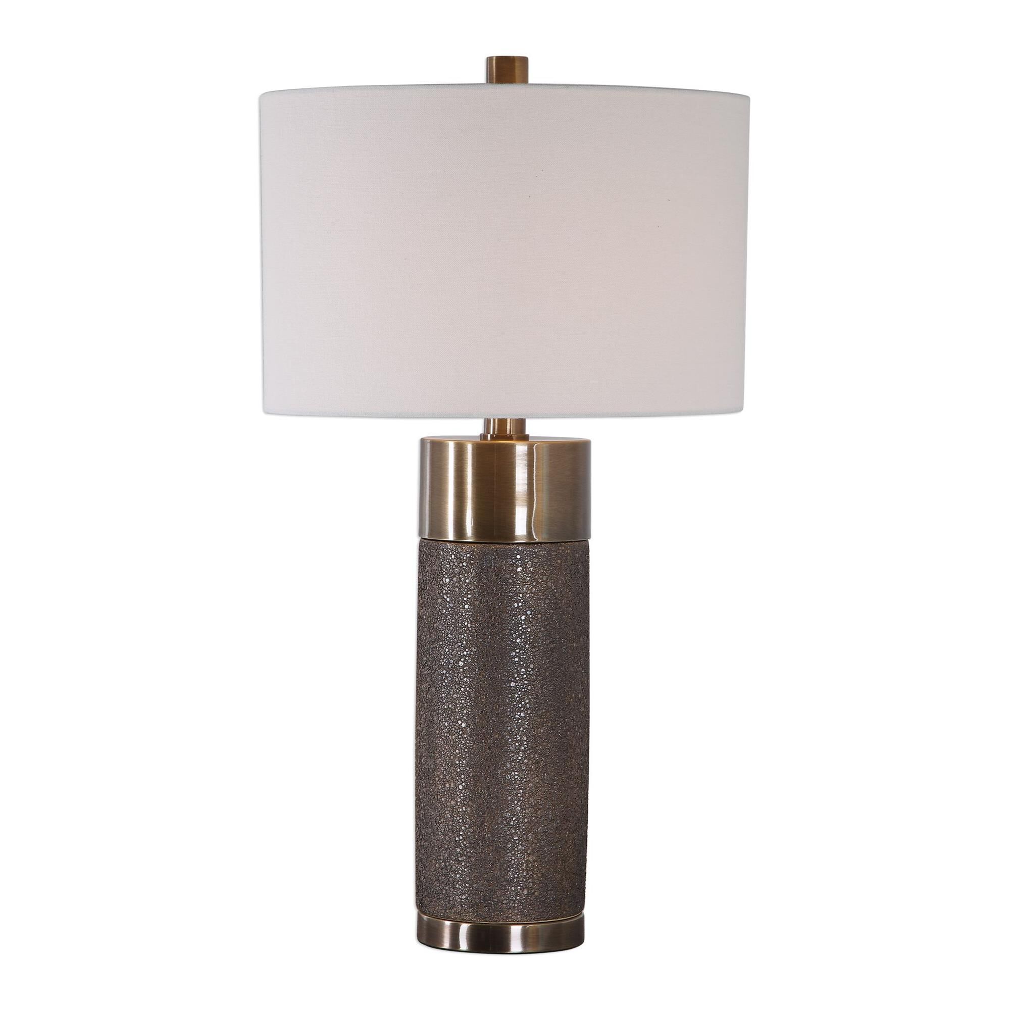 Shown in This Contemporary Table Lamp Design Showcases A Heavily Textured Ceramic Base That's Finished In A M finish and Round Hardback Drum shade