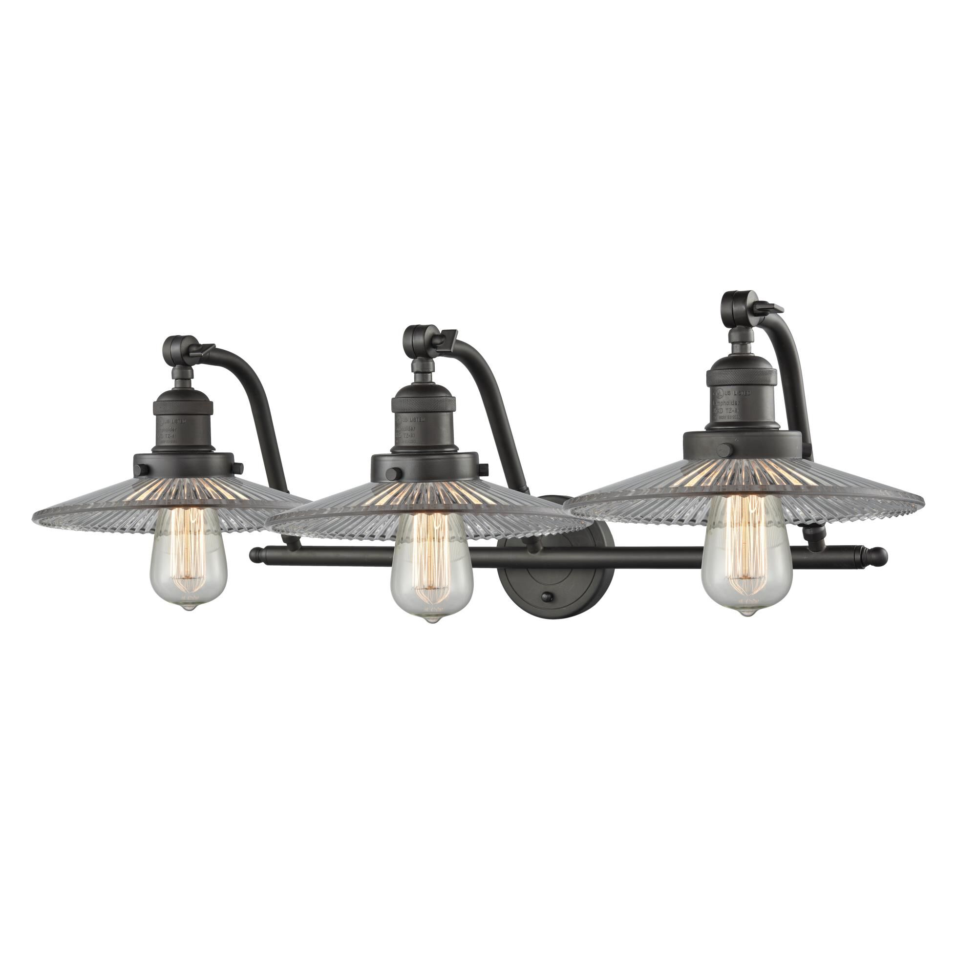 Shown in Oil Rubbed Bronze finish and Clear Halophane glass