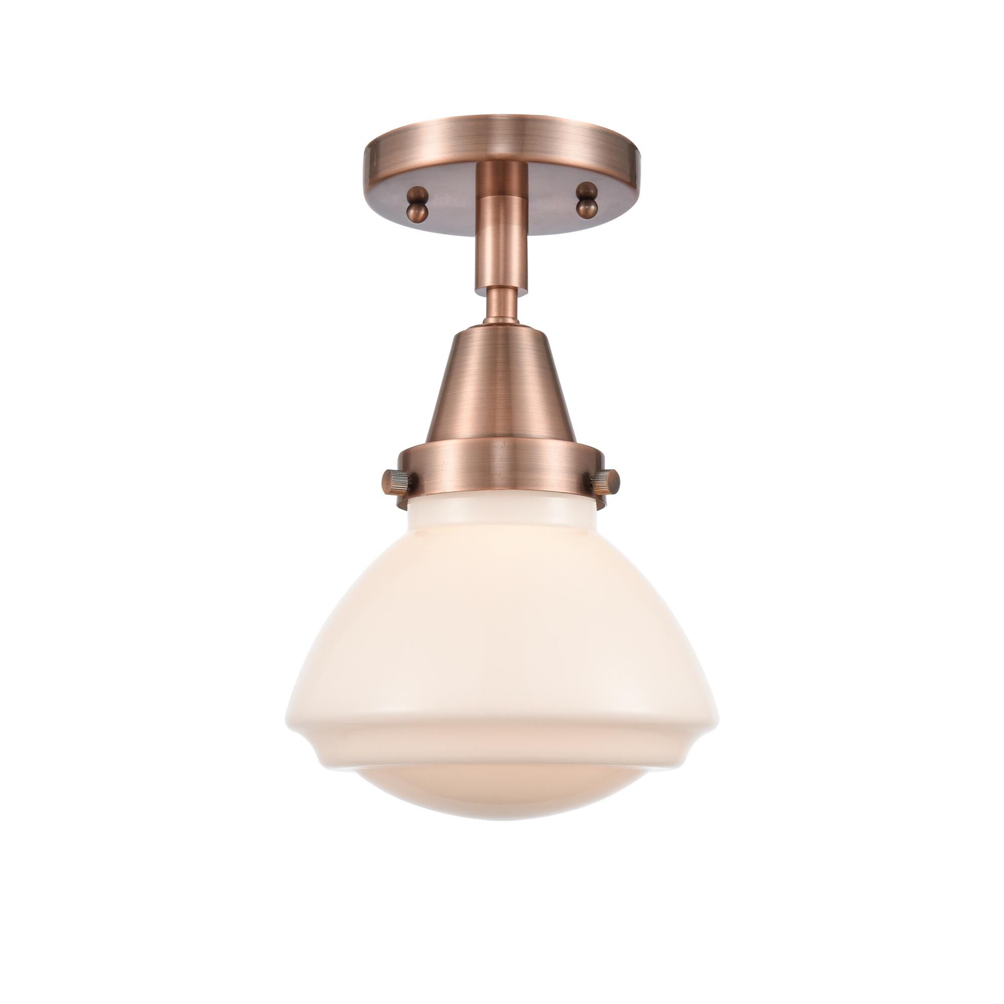 Shown in Antique Copper finish and Matte White Olean glass and No Shade shade