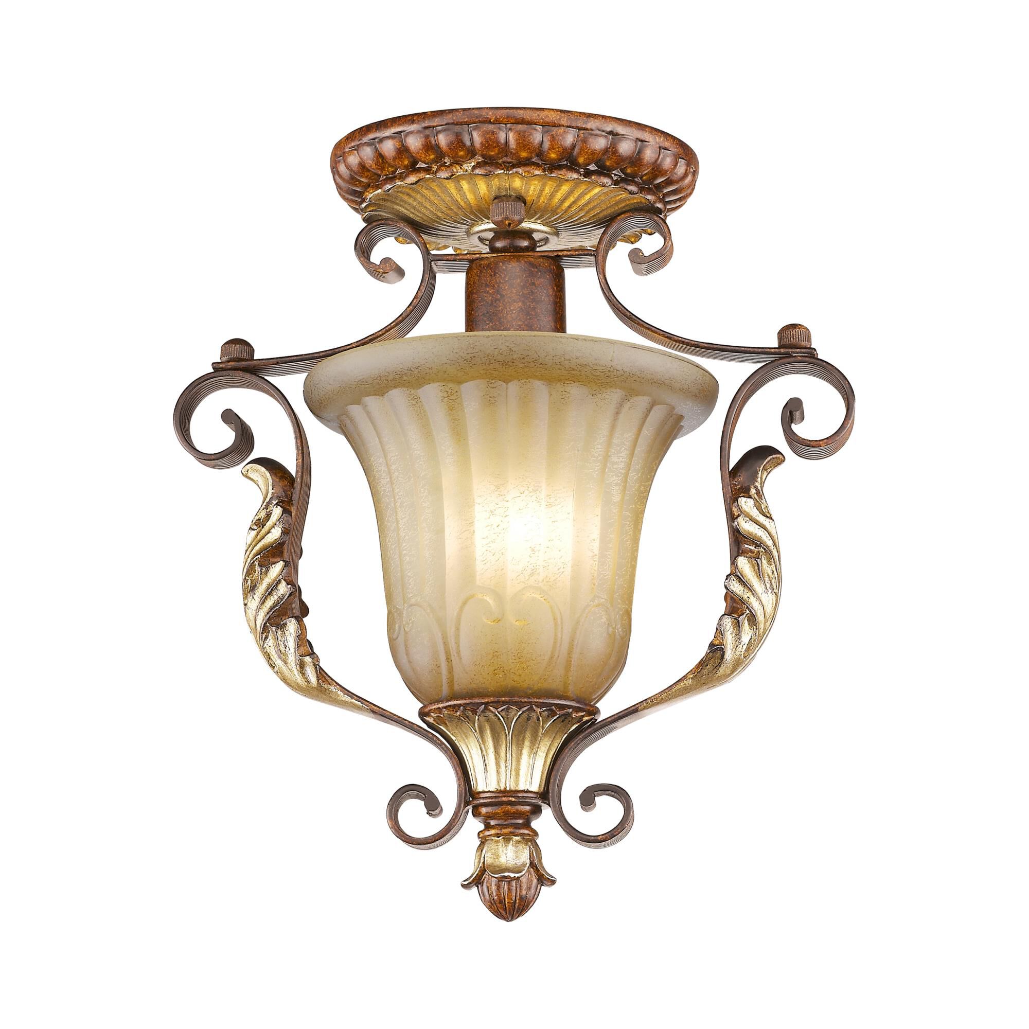 Shown in Verona Bronze-Aged Gold Leaf Accents finish and Rustic Art glass