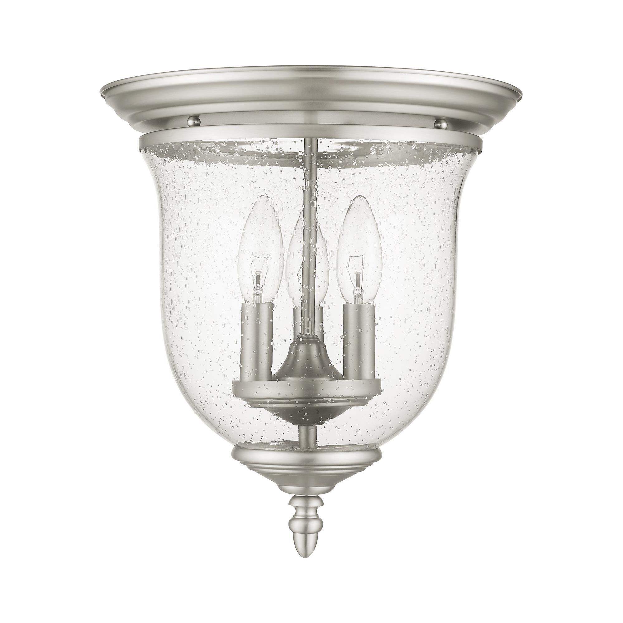 Shown in Brushed Nickel finish and Hand Blown Clear Seeded glass