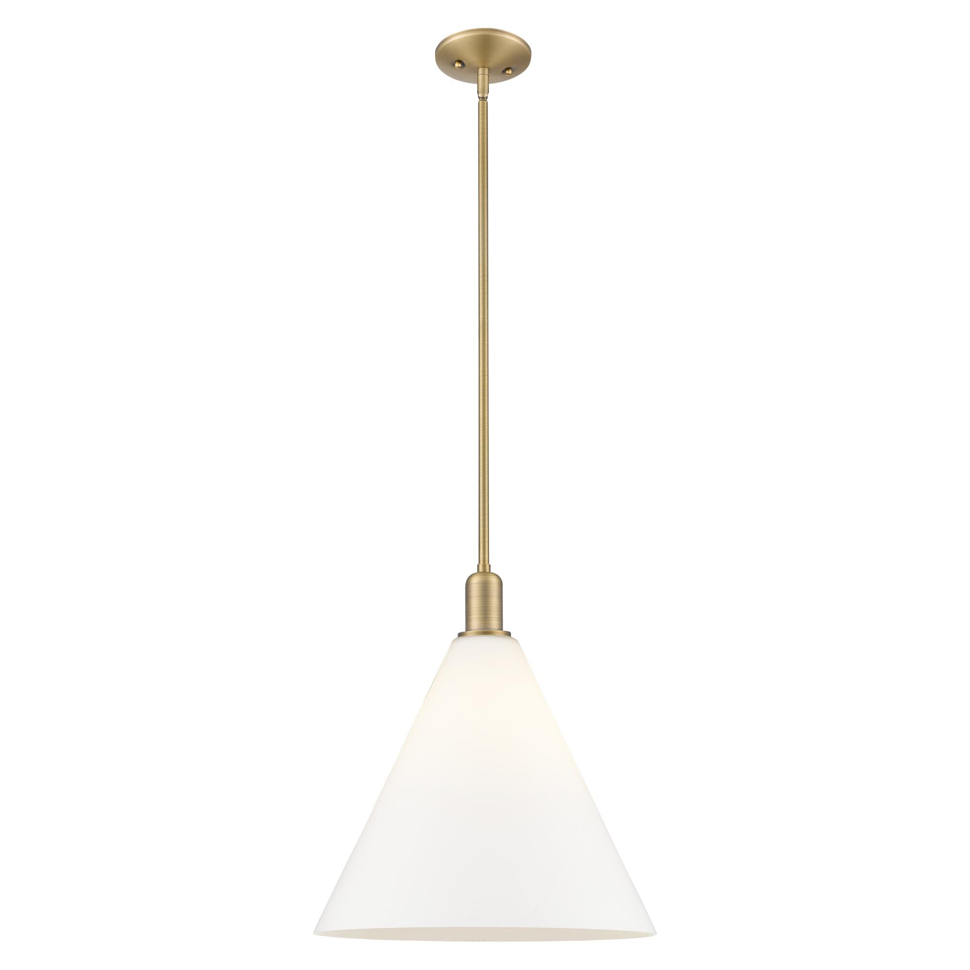 Shown in Brushed Brass finish and Matte White glass