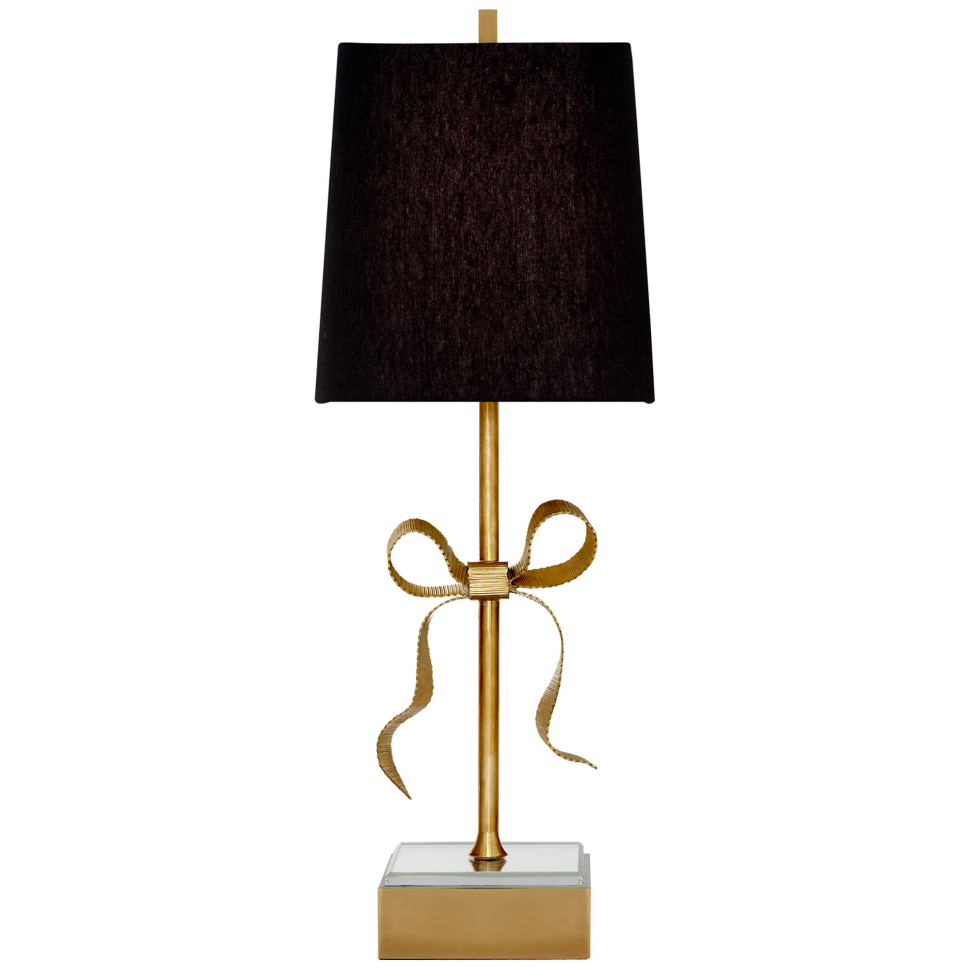 Shown in Soft Brass finish and Black Linen Square shade