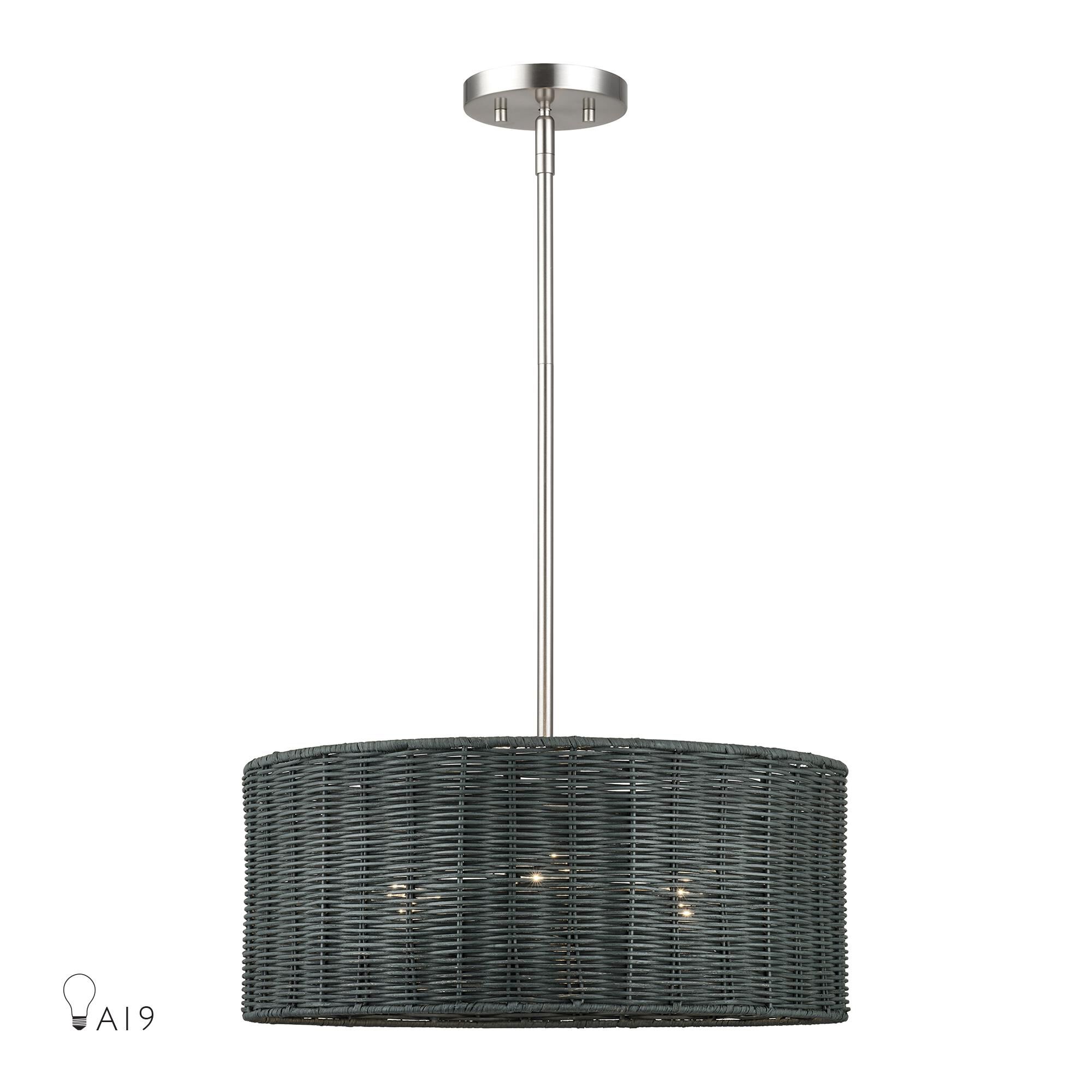 Shown in Brushed Nickel finish and Hand-Woven Charred Gray Color Rattan shade